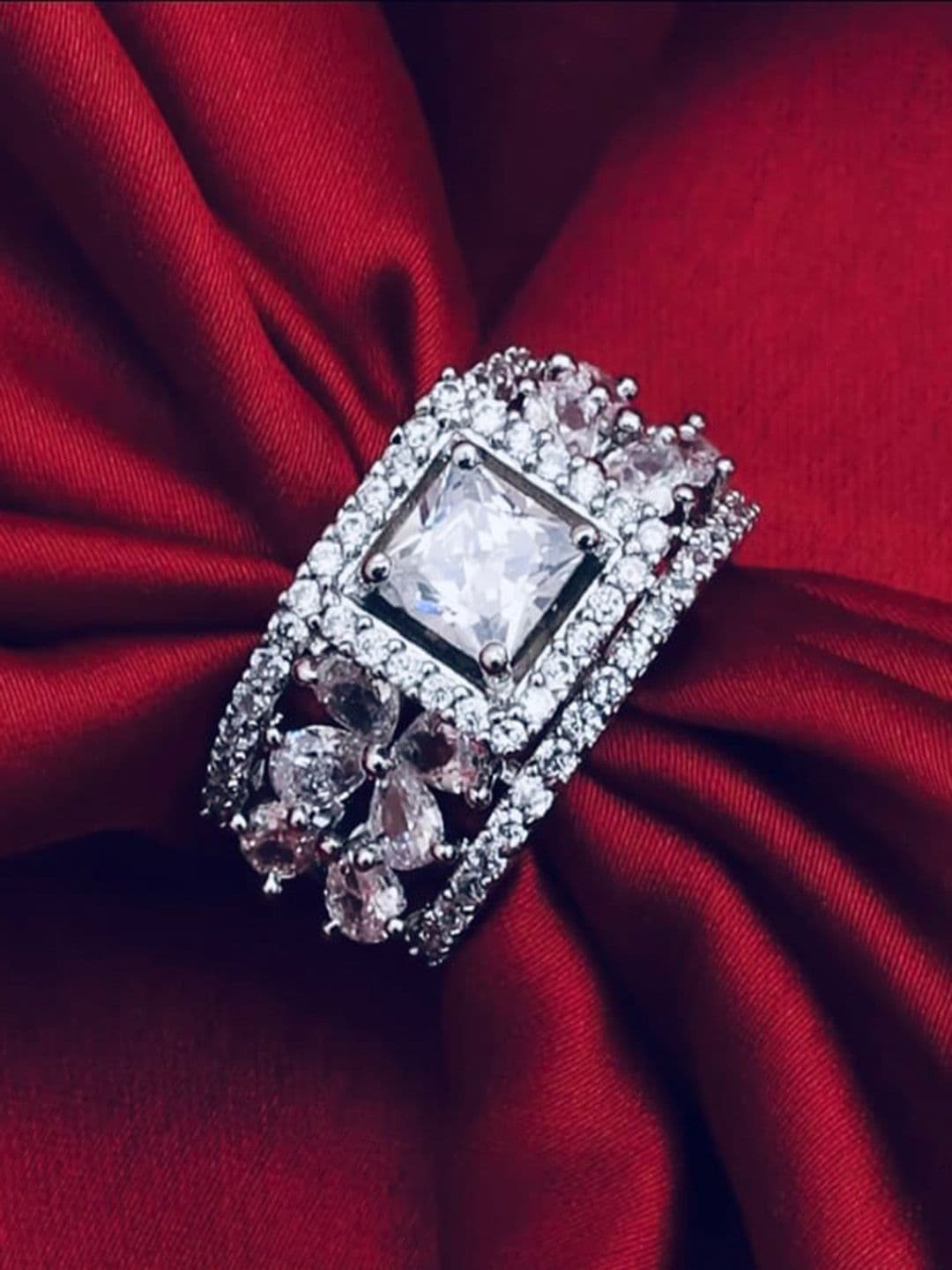 ATIBELLE Silver-Plated CZ-Studded Adjustable Finger Ring - Image 1