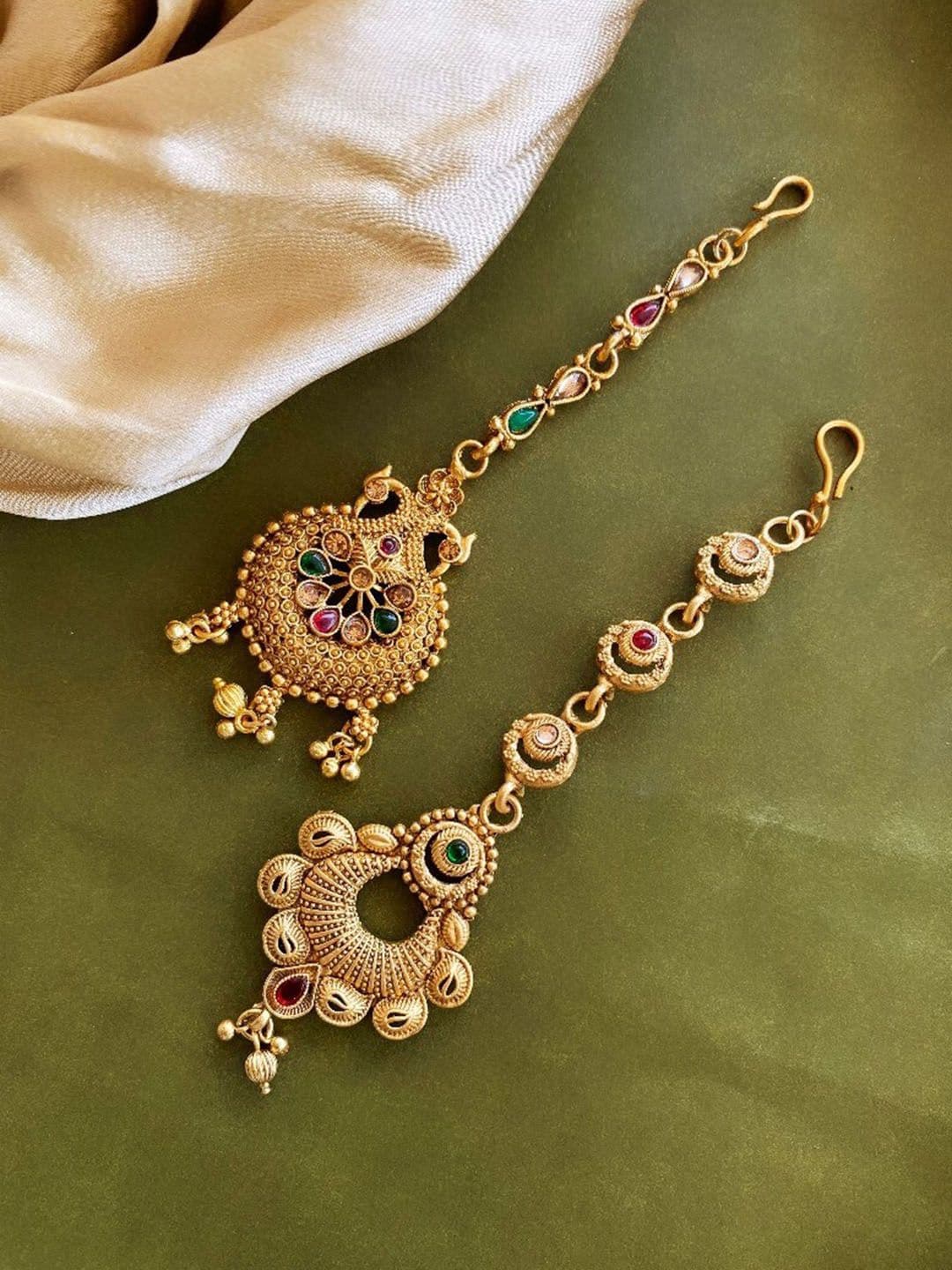 ATIBELLE Set Of 2 Gold-Plated Stone Studded Floral Shaped Maangtikka - Image 1