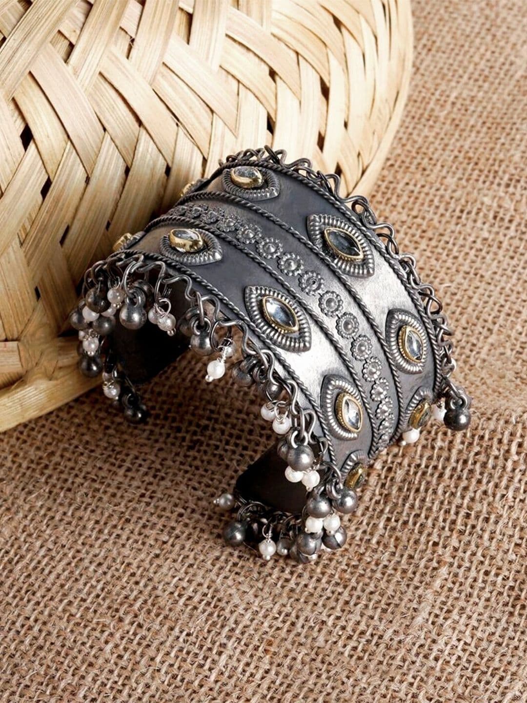 ATIBELLE German Silver Silver-Plated Kundan Bangle-Style Bracelet - Image 1