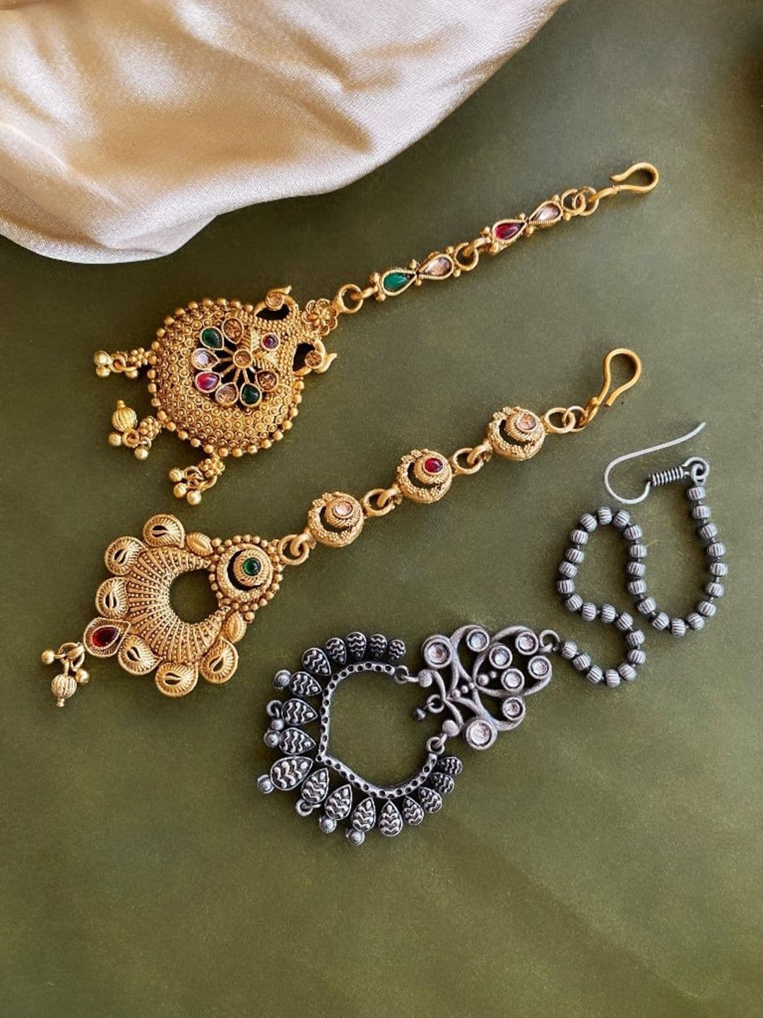 ATIBELLE Set Of 3 Gold Plated Stones Studded & Beaded Maang Tika - Image 1