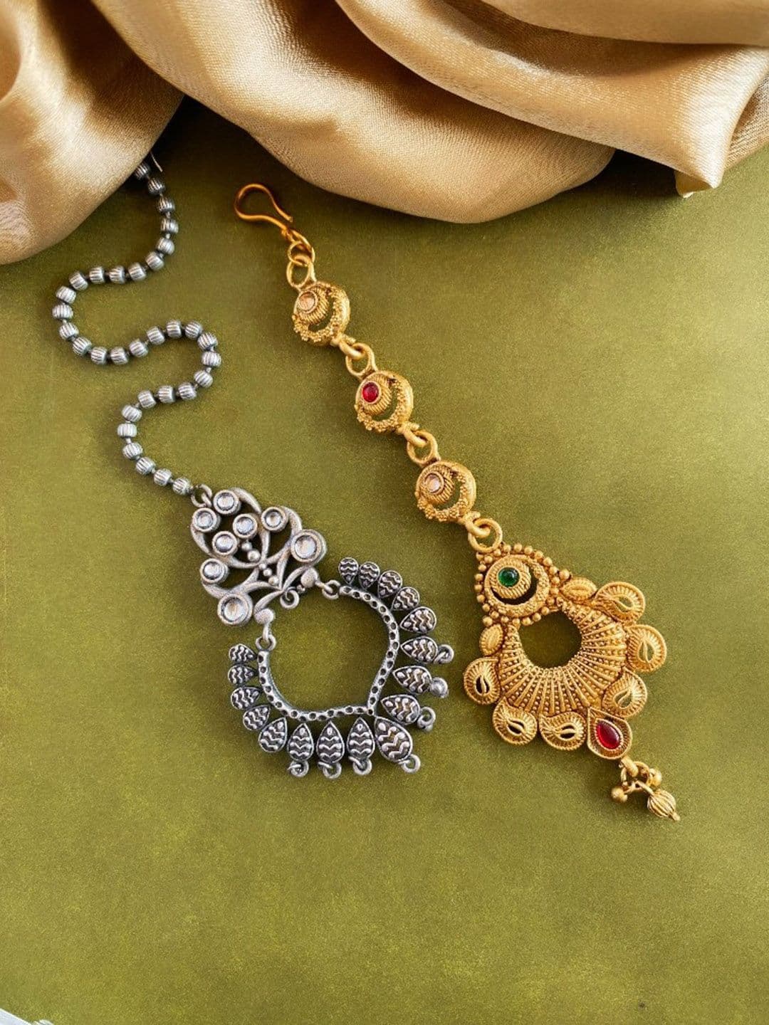 ATIBELLE Set of 2 Gold-Plated Stone Studded Floral Shaped Maangtikkas - Image 1