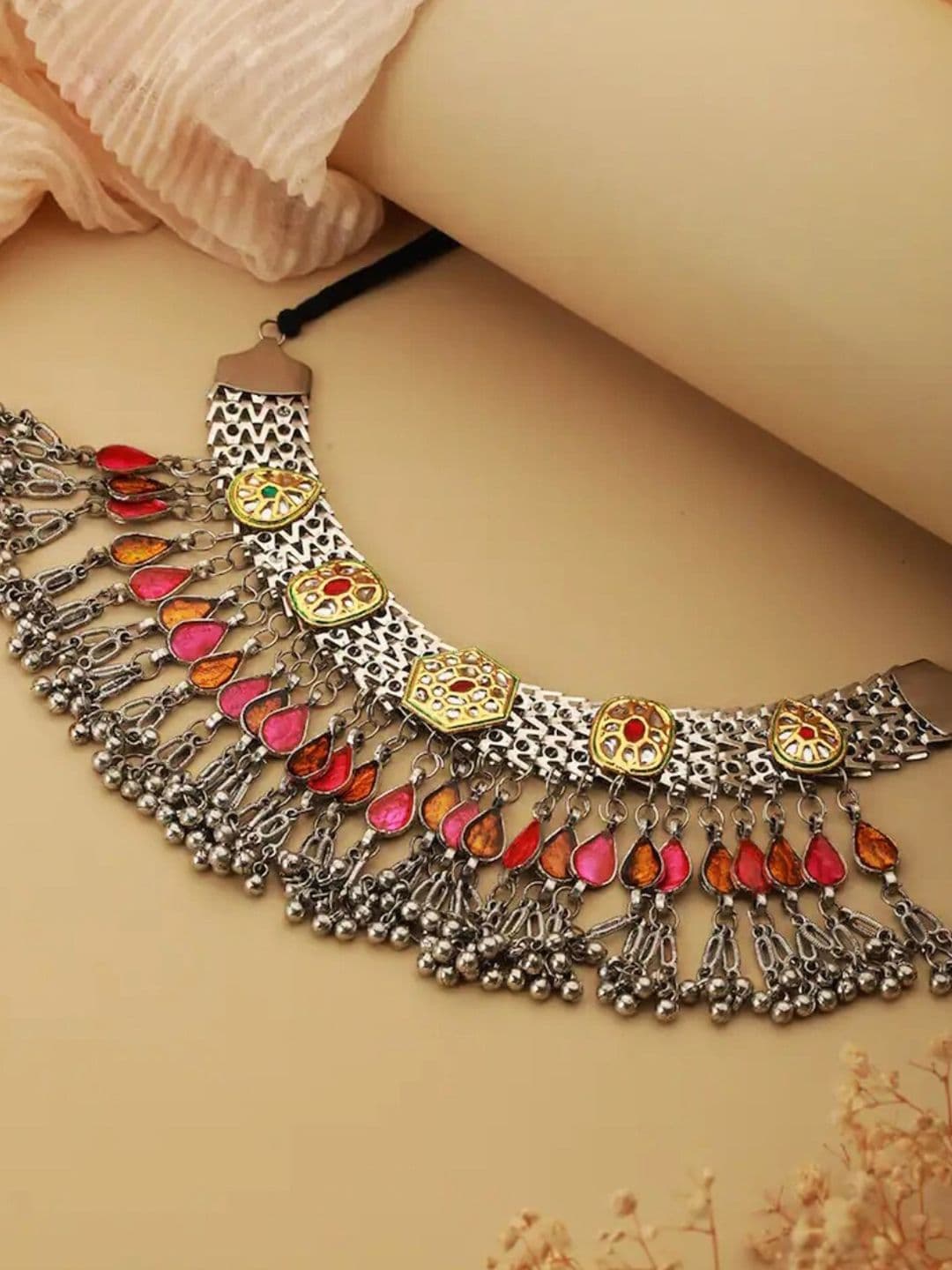 ATIBELLE Silver-Plated German Silver Kundan Stone Studded Necklace - Image 1