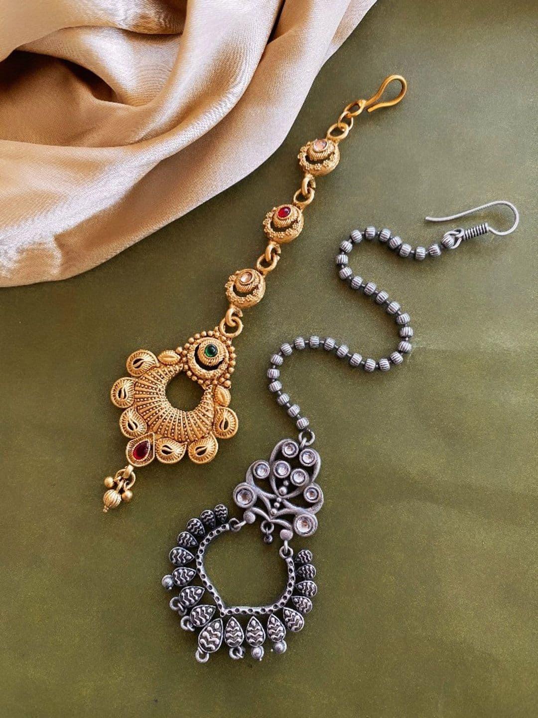 ATIBELLE Set Of 2 Gold-Plated Stones-Studded & Beaded Maang Tika - Image 1