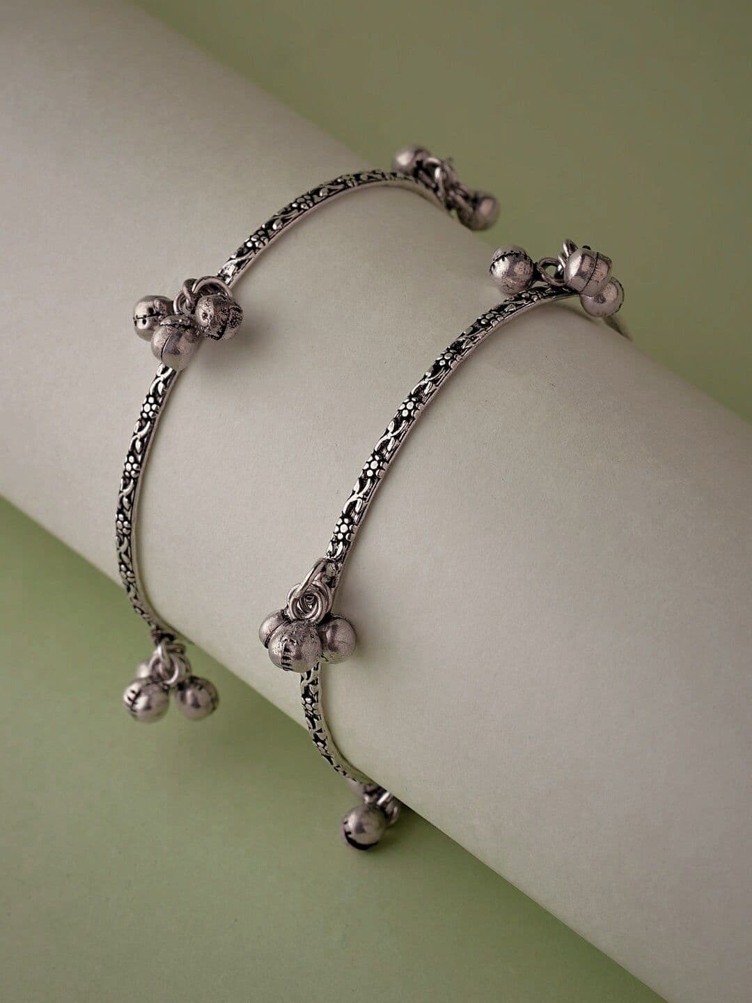ATIBELLE Set Of 2 Silver-Plated Stone Studded Ghunghroo Bangles