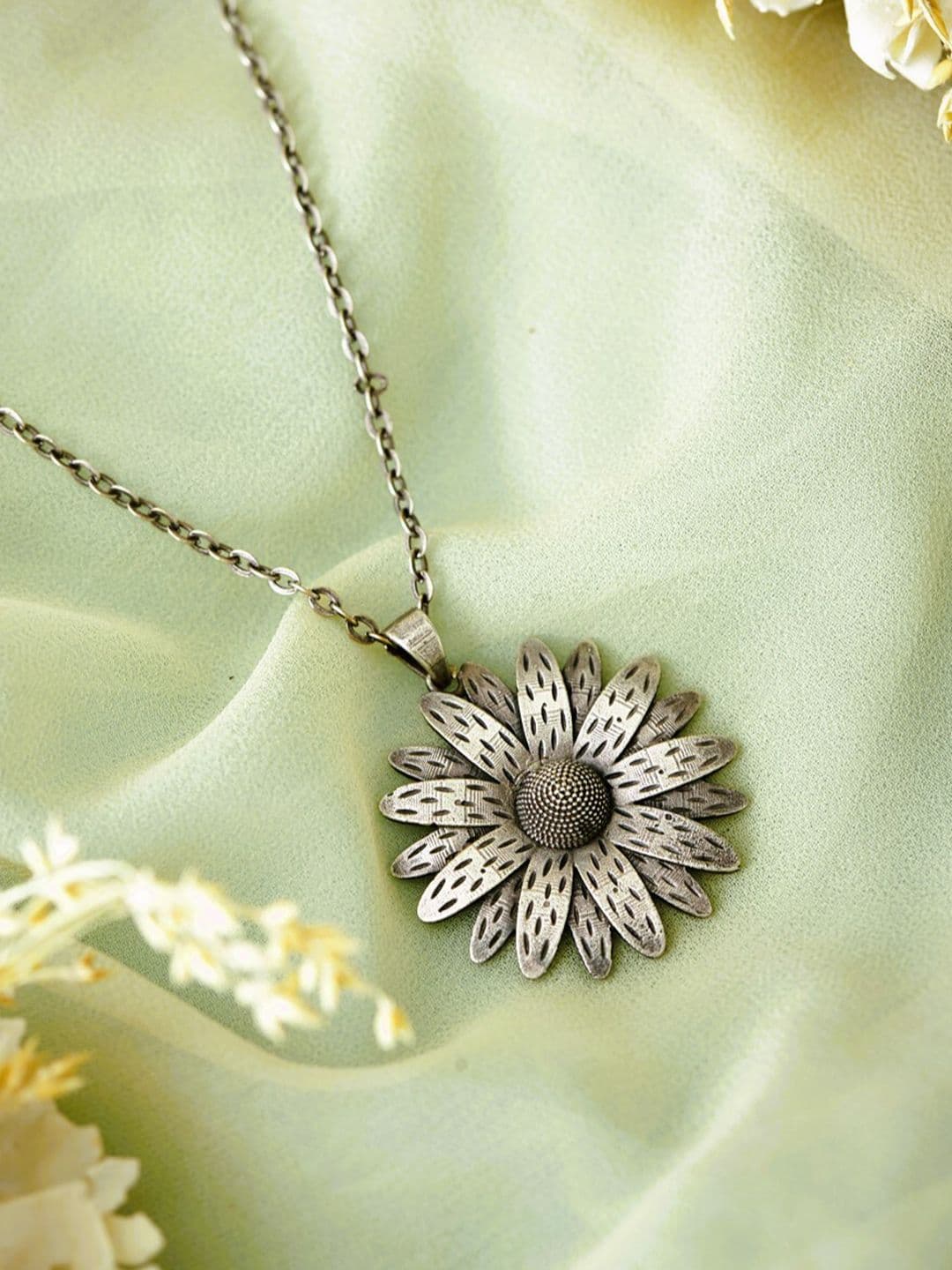 ATIBELLE German Silver Plated Floral Shaped Pendant With Chain - Image 1