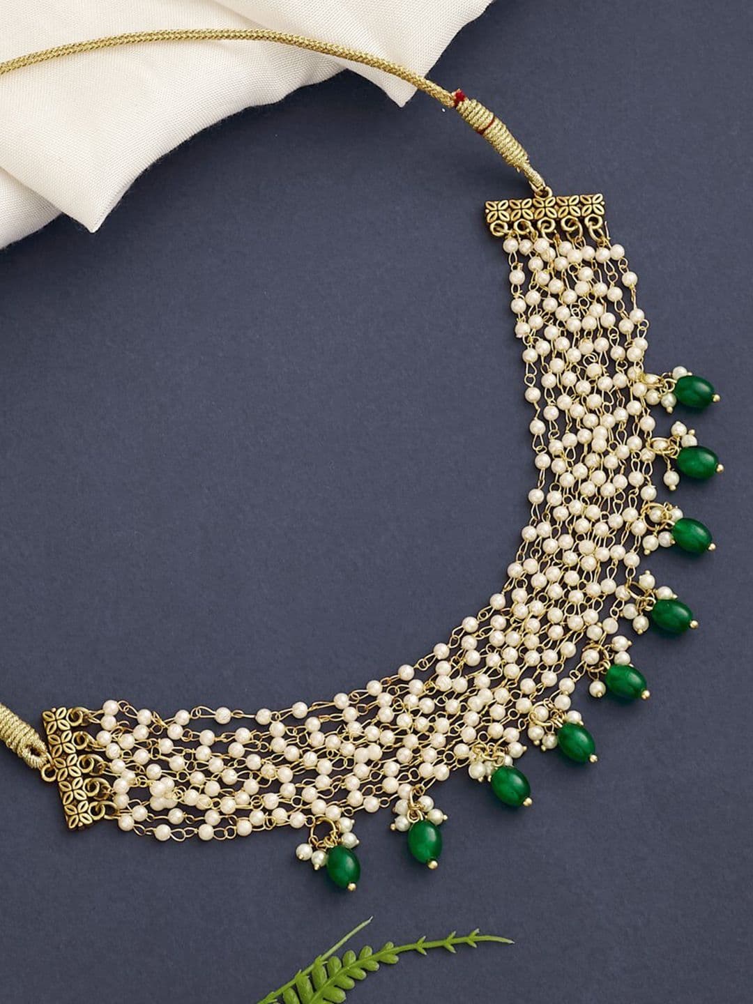ATIBELLE Gold-Plated Stone-Studded & Beaded Brass Choker Necklace - Image 1