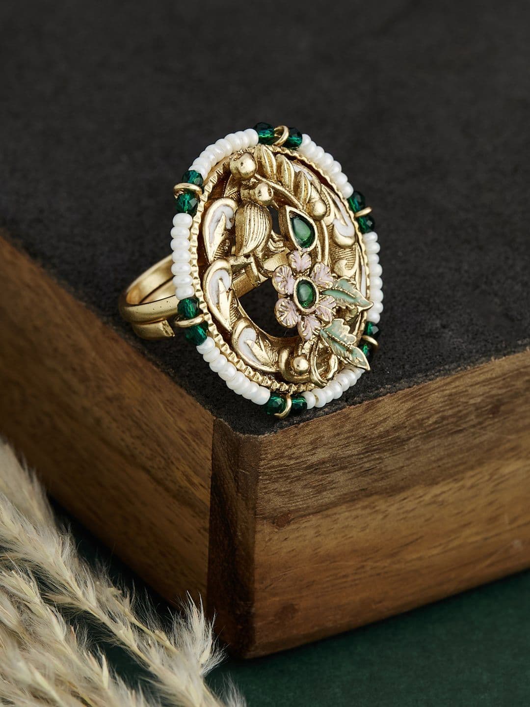 ATIBELLE Gold-Plated Kundan Studded & Beaded Finger Ring - Image 1