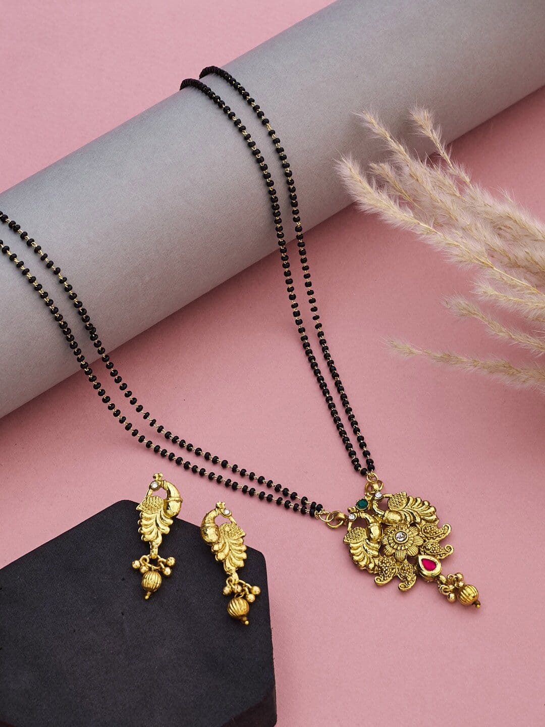 ATIBELLE Gold-Plated Stones-Studded & Beaded Peacock Shaped Mangalsutra With Earrings - Image 1