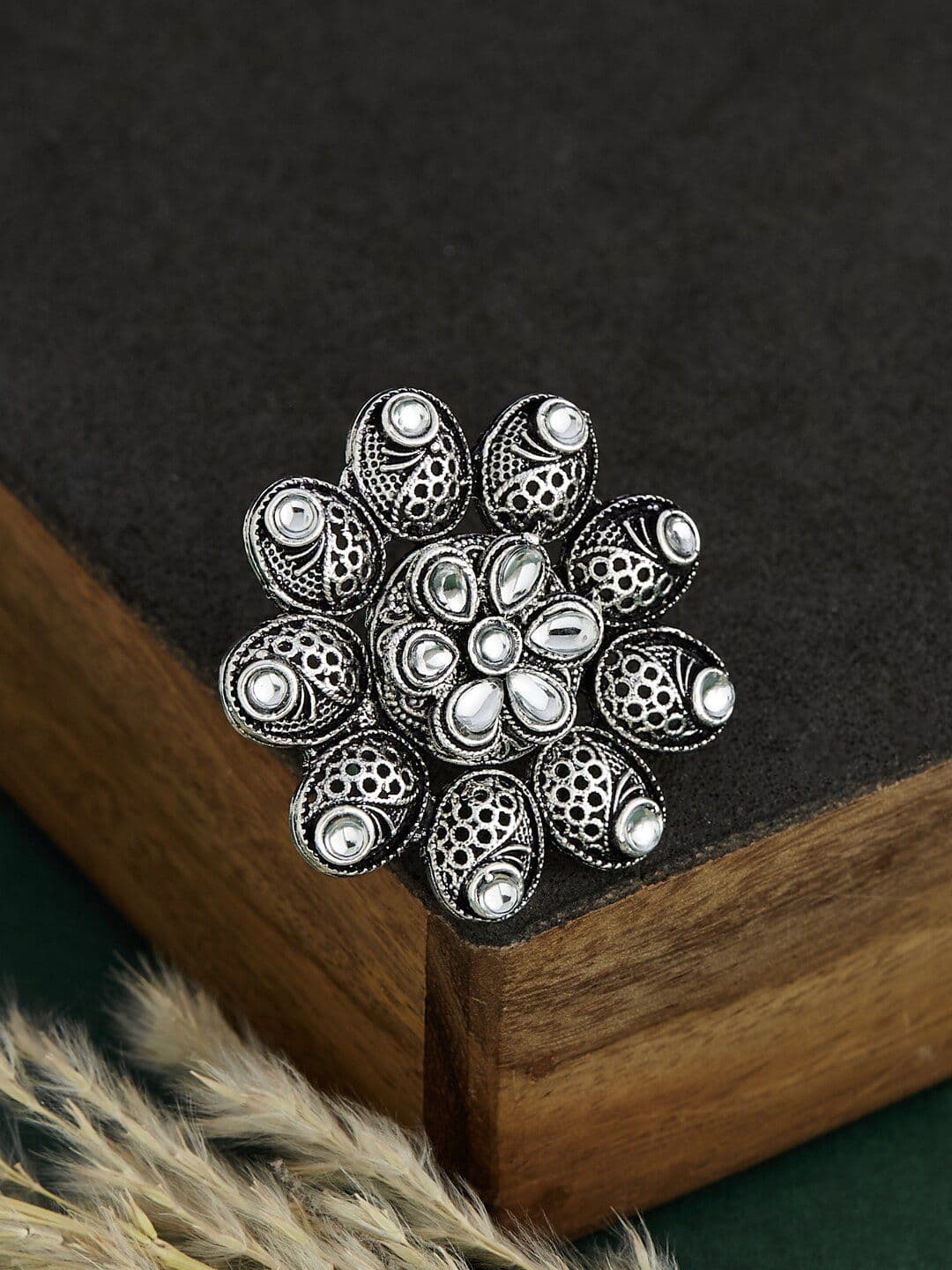 ATIBELLE German Silver-Plated Stones-Studded Floral Finger Ring - Image 1