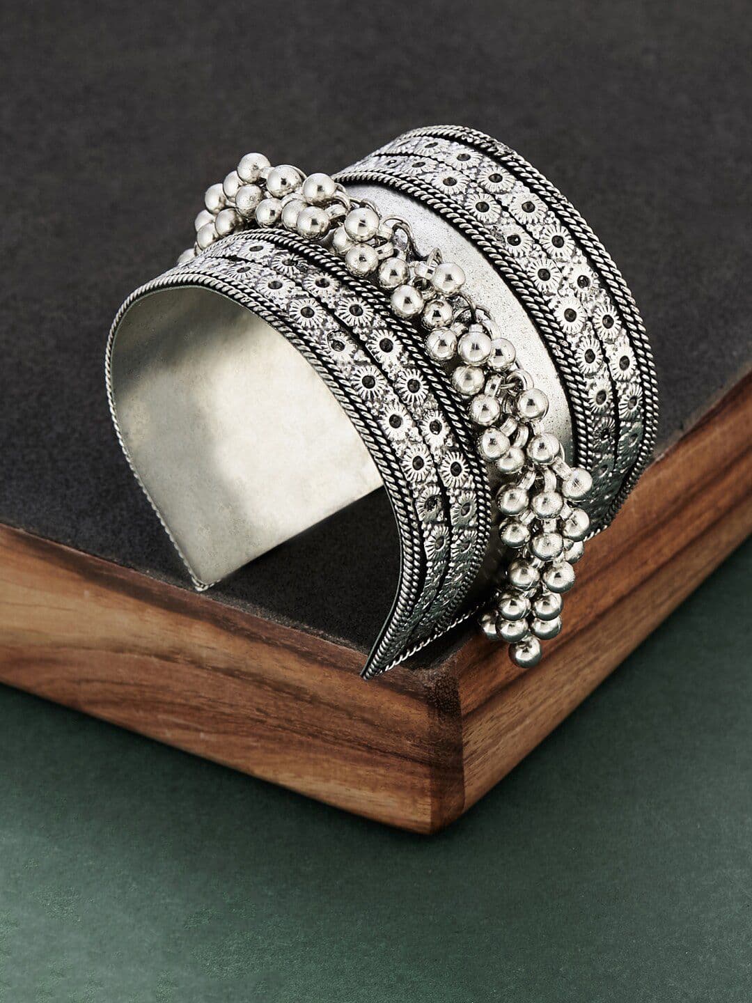 ATIBELLE Silver-Plated & Ghunghroo Stone Studded & Beaded Adjustable Bangle - Image 1