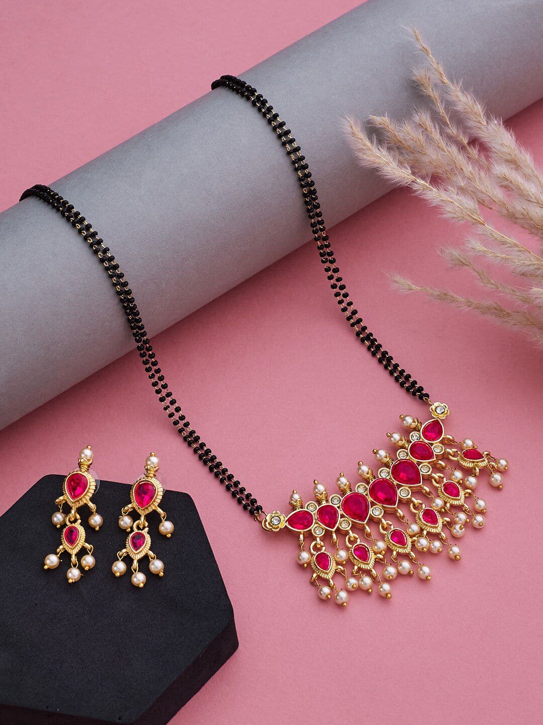 ATIBELLE Gold-Plated Stones-Studded & Beaded Mangalsutra - Image 1