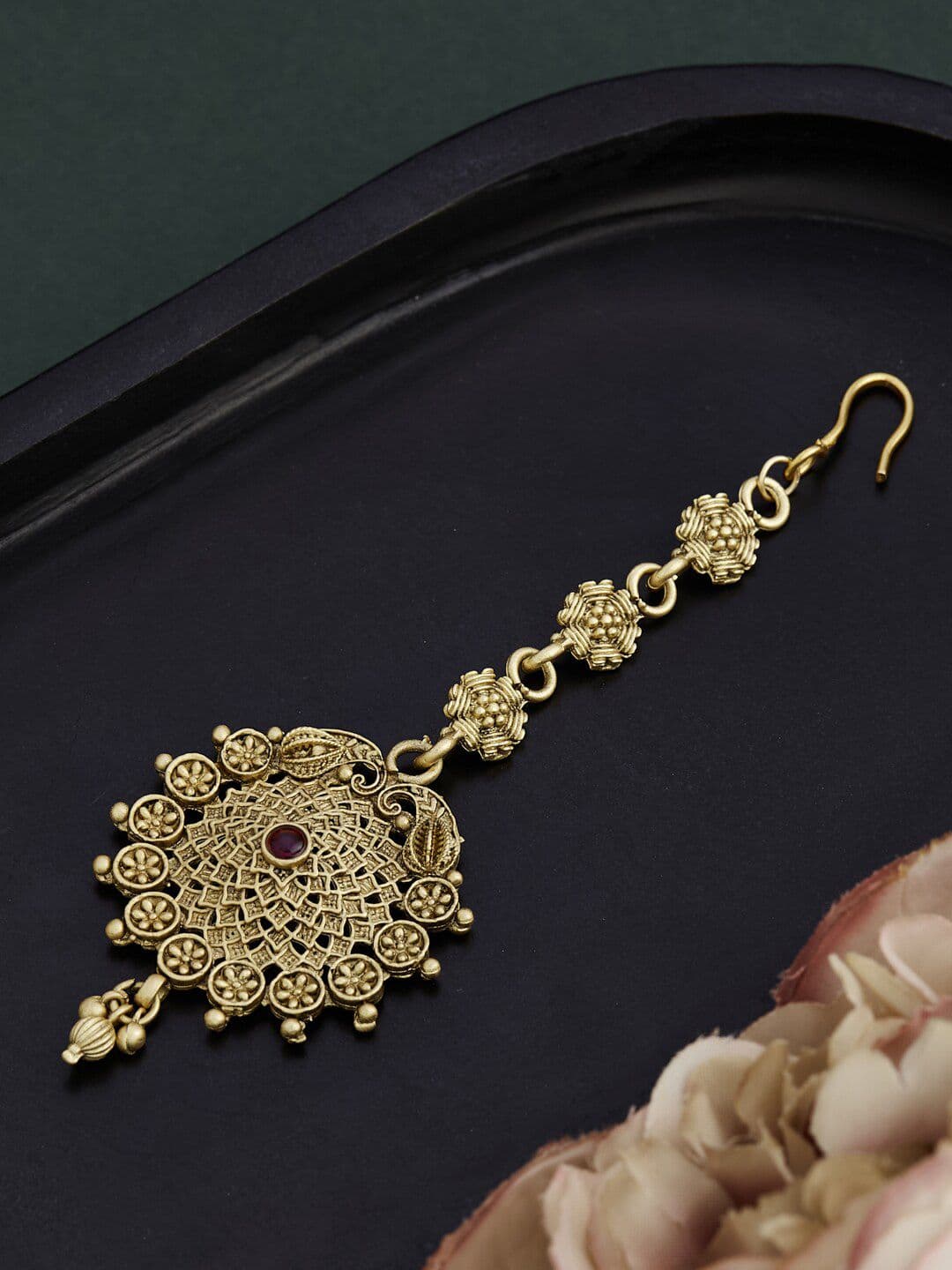 ATIBELLE Gold-Plated Stones Studded and Beads Maang Tikka - Image 1
