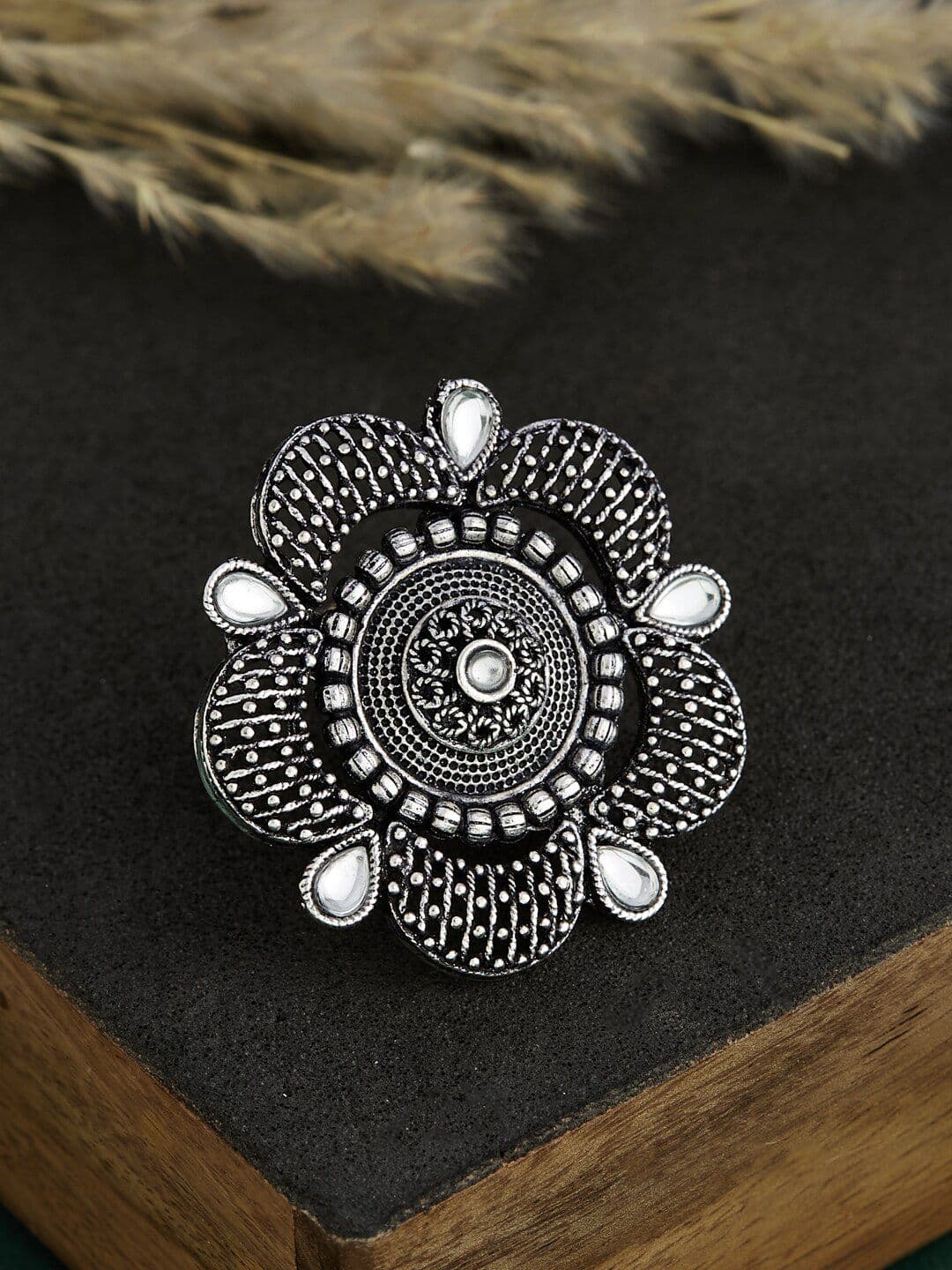 ATIBELLE German Silver Plated Stone Studded Finger Ring - Image 1