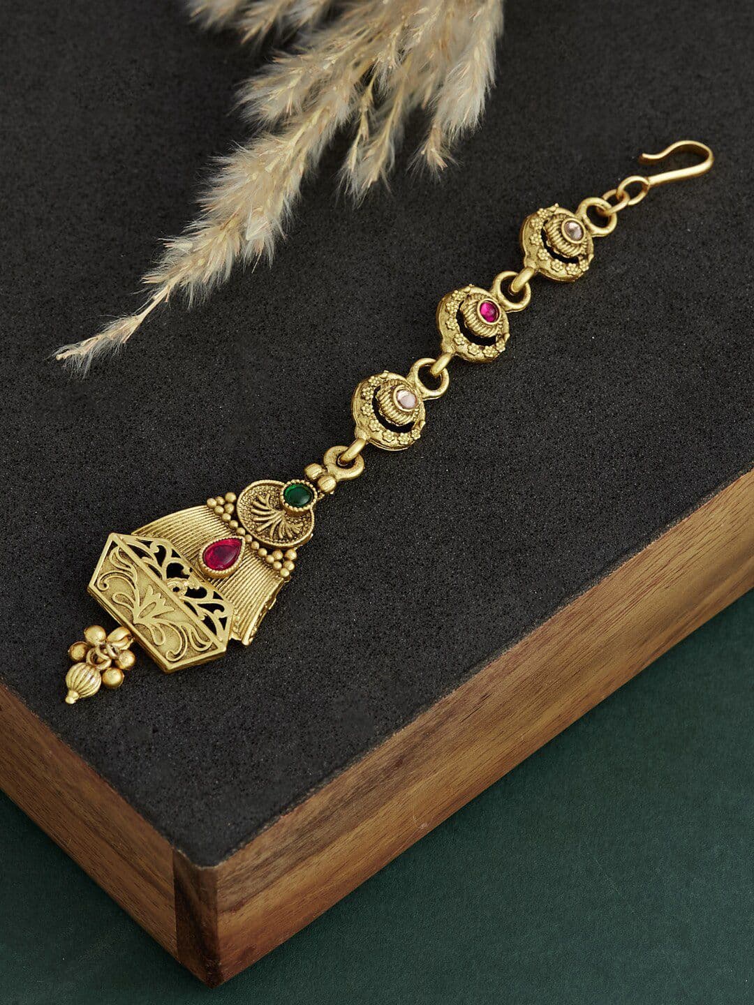 ATIBELLE Gold-Plated Stones Studded and Beads Maang Tikka - Image 1
