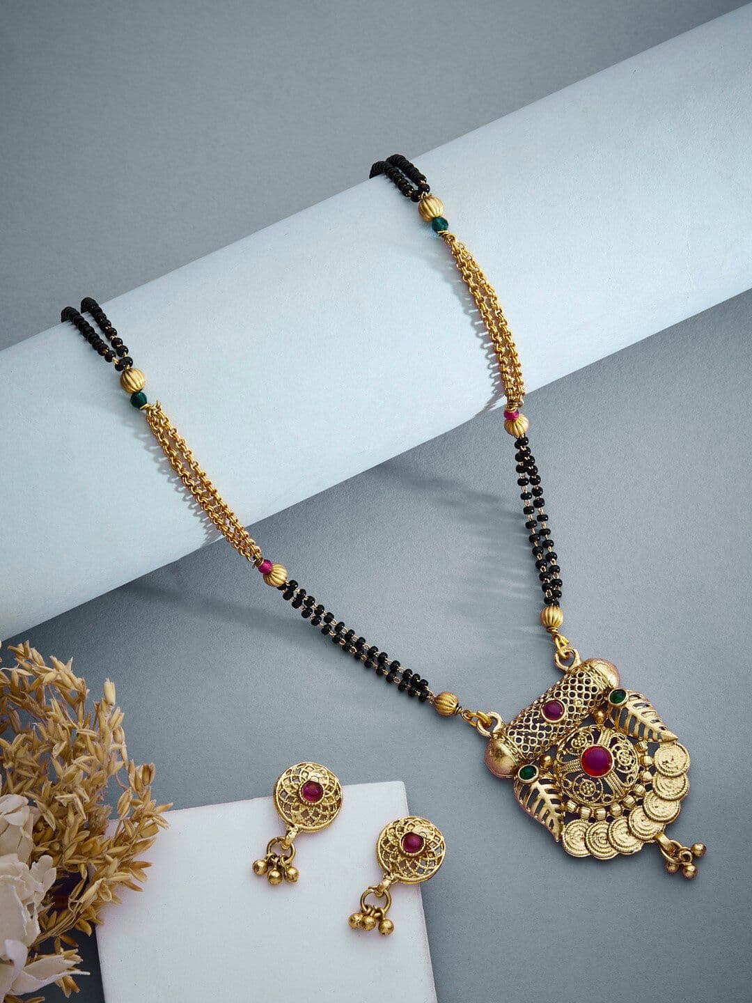 ATIBELLE Gold-Plated Stones-Studded & Beaded Floral Mangalsutra With Earrings - Image 1