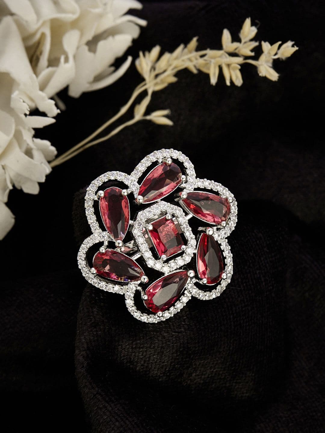 ATIBELLE Silver-Plated Cubic Zirconia-Stones Studded Floral Adjustable Finger Ring - Image 1