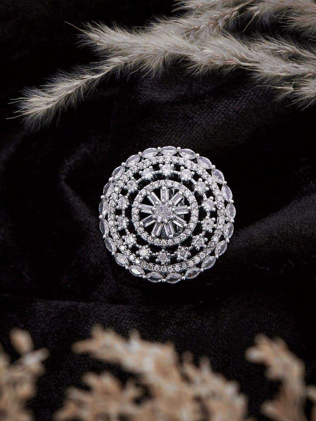 ATIBELLE Silver-Plated Cubic Zirconia-Stones Studded Floral Adjustable Finger Ring - Image 1