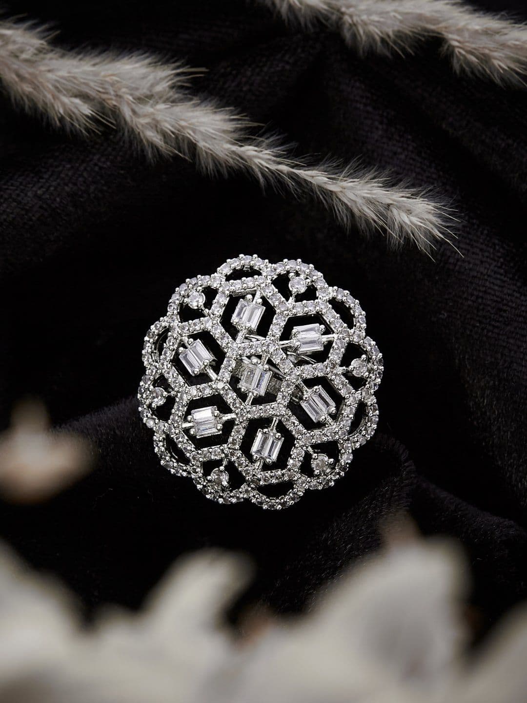 ATIBELLE Silver-Plated Cubic Zirconia-Stones Studded Floral Adjustable Finger Ring - Image 1