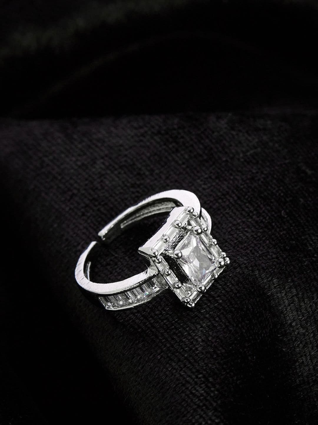 ATIBELLE Silver-Plated Cubic Zirconia-Stones Studded Square Shaped Adjustable Finger Ring - Image 1