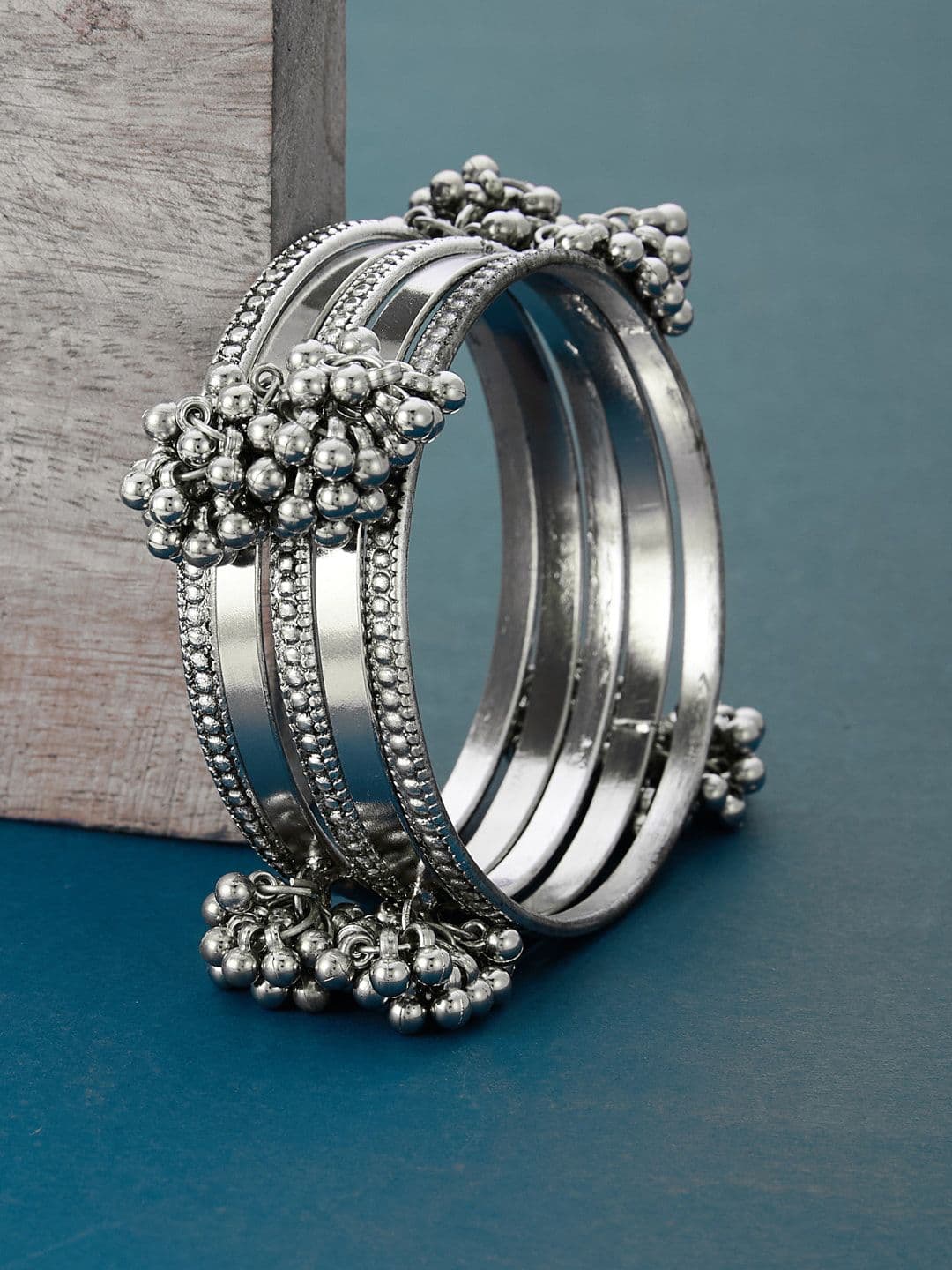 ATIBELLE Set Of 5 Silver-Plated German Silver Stone Studded Bangles - Image 1