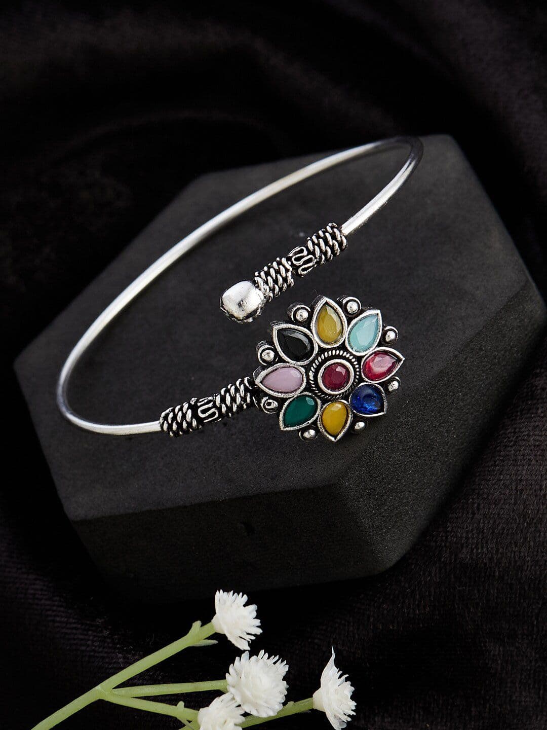 ATIBELLE Silver-Plated Stone-Studded Bangle - Image 1
