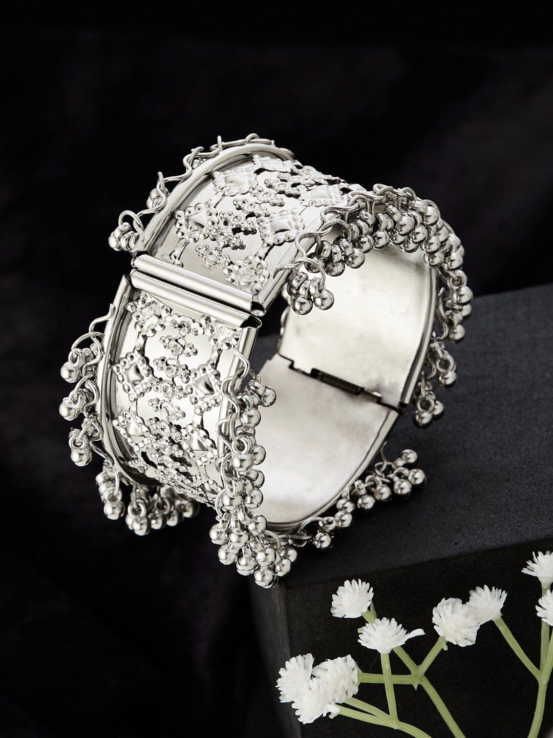 ATIBELLE German Silver Plated Floral Textured Geometric Shaped Bangle - Image 1