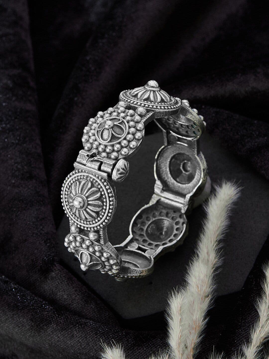 ATIBELLE German Silver-Plated & Floral Shaped Textured Kada Bangle - Image 1