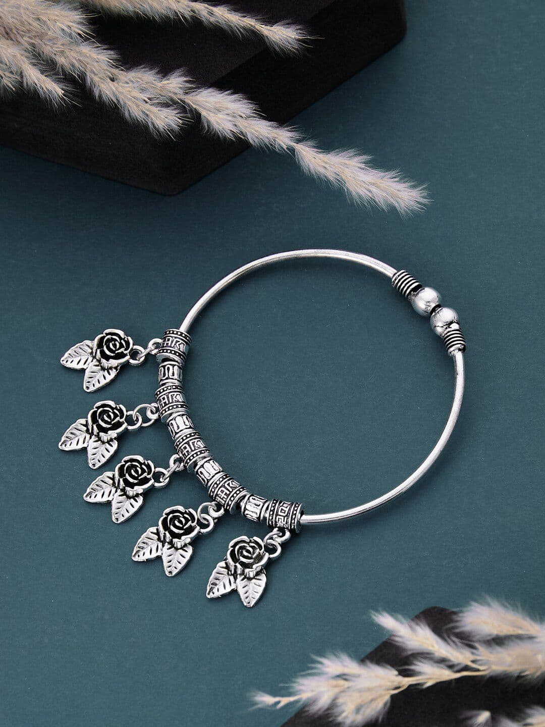 ATIBELLE German Silver Plated & Floral Shaped Adjustable Bangle - Image 1