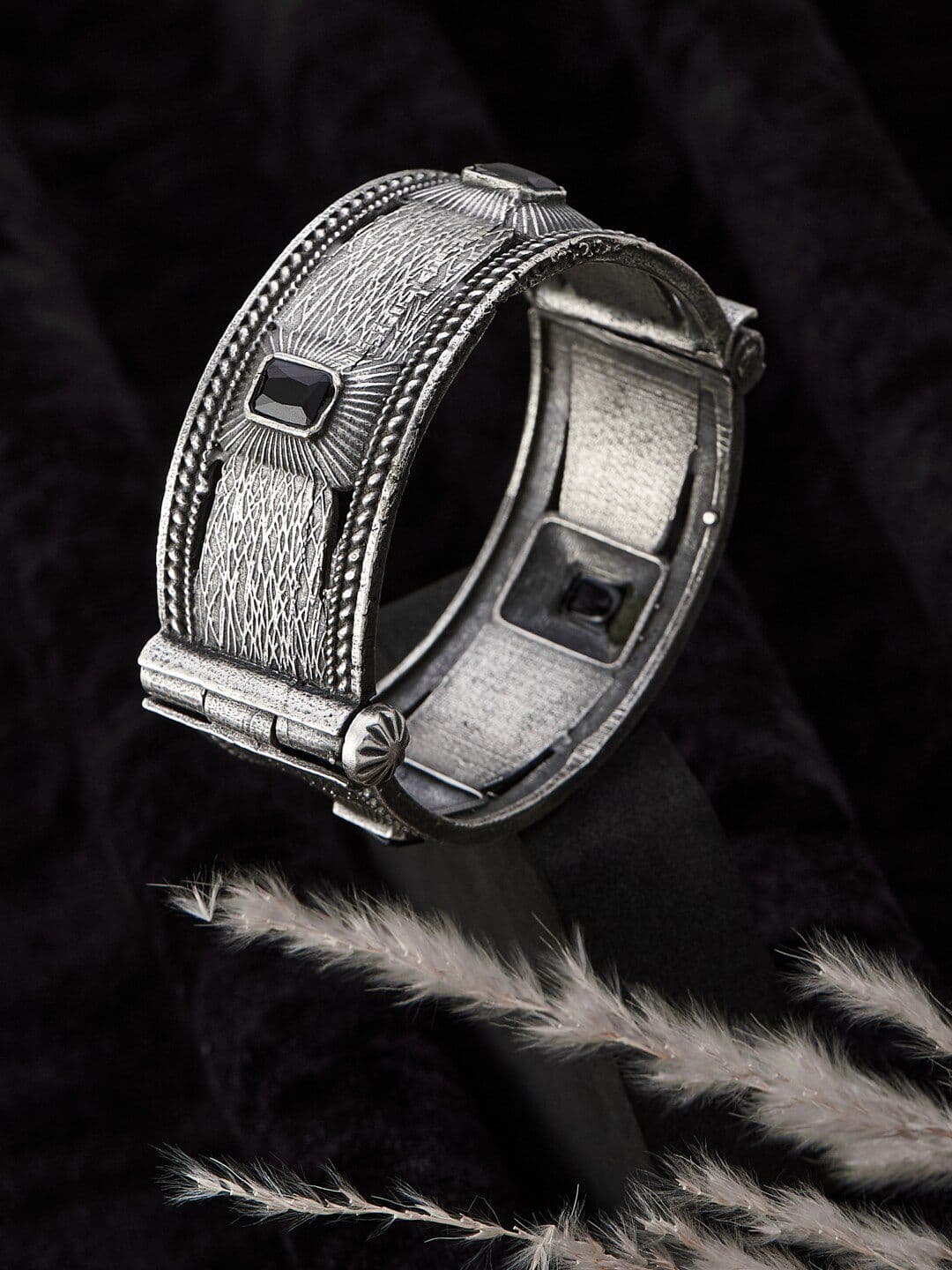 ATIBELLE Silver-Plated Stone-Studded Kada Bangle - Image 1