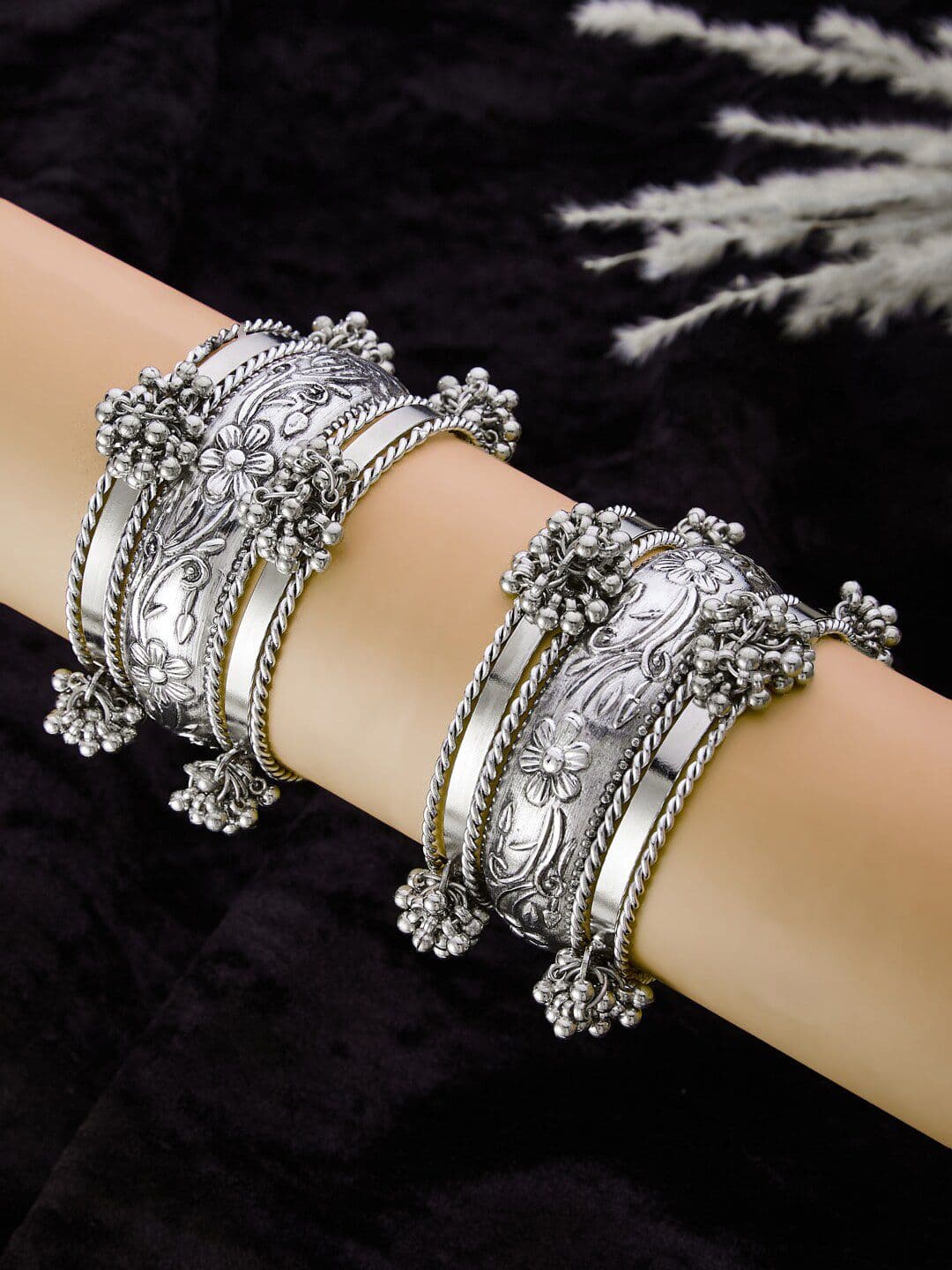 ATIBELLE Set Of 14 Silver-Plated Floral Ghunghroo Stone Studded Bangle - Image 1