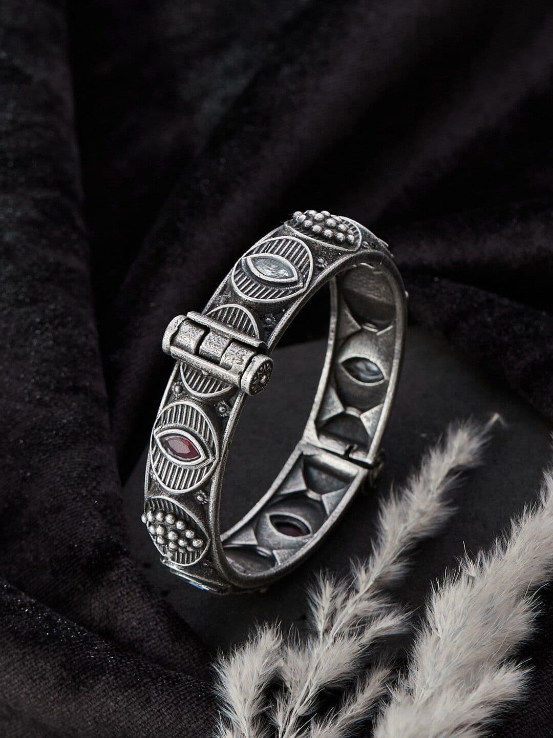 ATIBELLE Silver Plated Floral Shaped Stone-Studded Bangle - Image 1