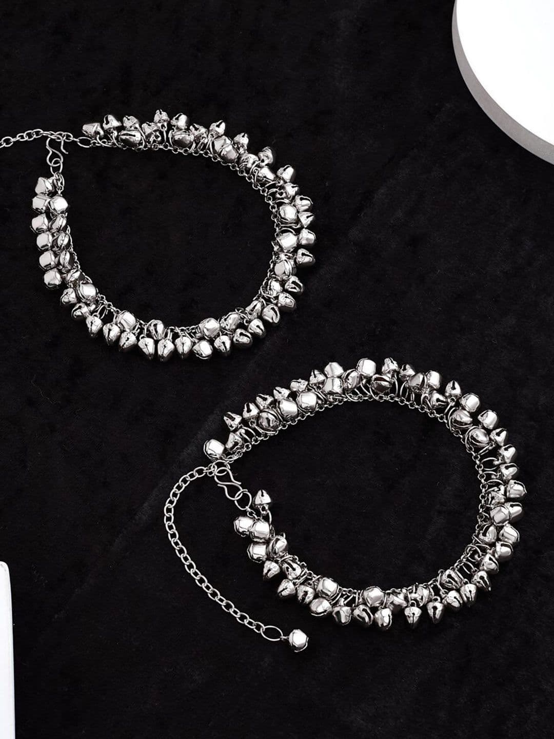 ATIBELLE Set of 2 German Silver-Plated Ghunghroo Stone Studded & Beaded Anklets - Image 1