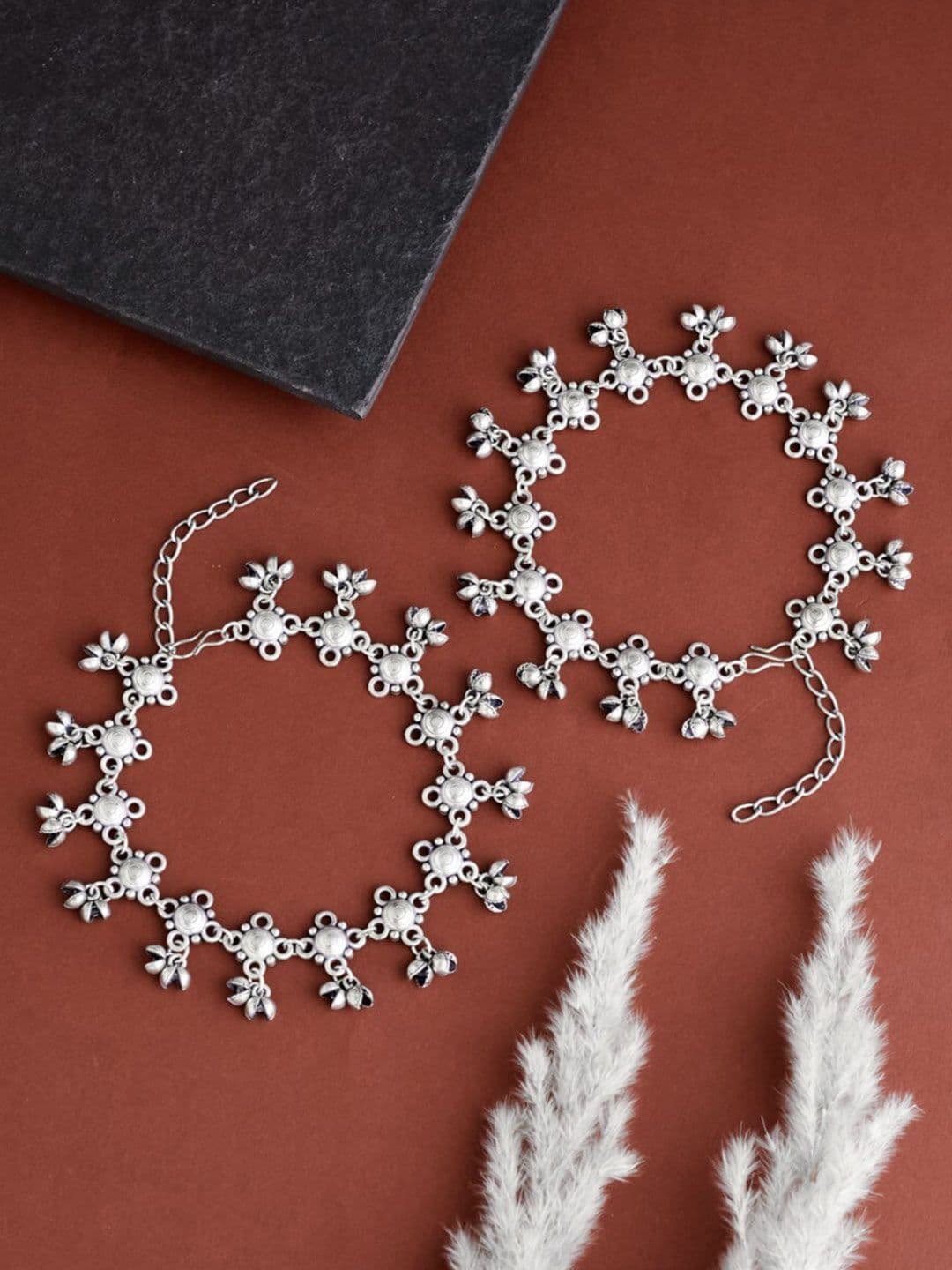 ATIBELLE Set of 2 German Silver-Plated Ghunghroo Stone Studded & Beaded Anklets - Image 1