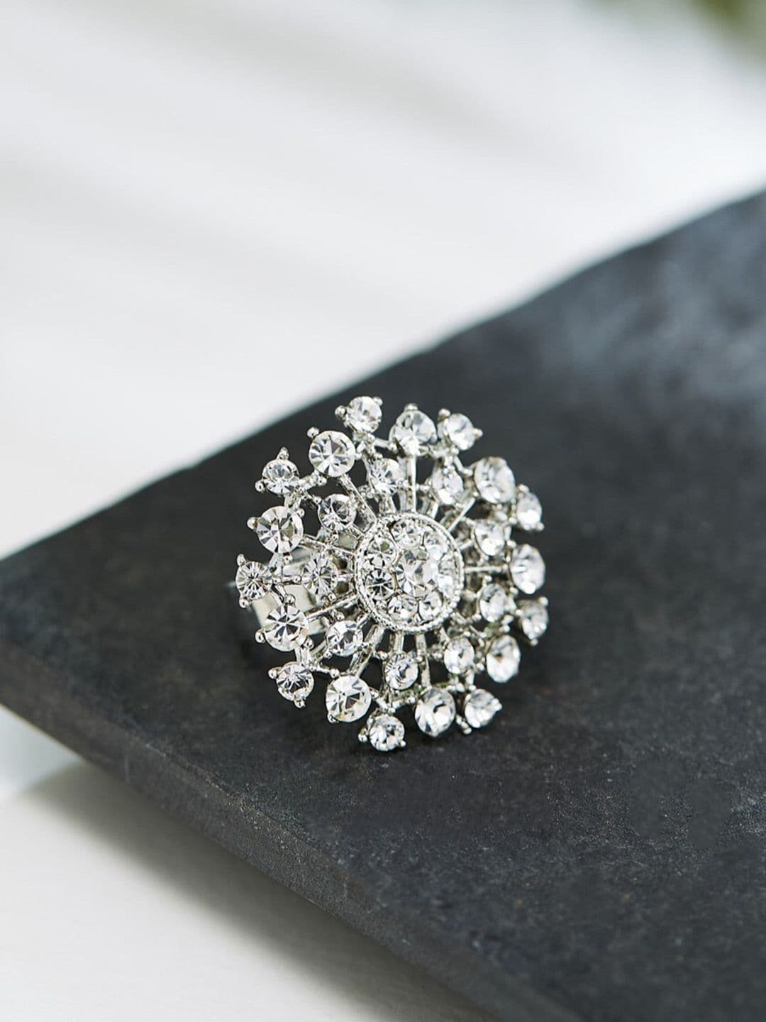 ATIBELLE Sliver-Plated Stone-Studded Adjustable Finger Ring - Image 1