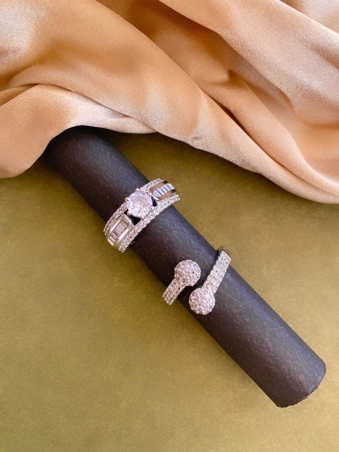 ATIBELLE Set Of 2 Sliver-Plated CZ-Studded Adjustable Finger Ring - Image 1