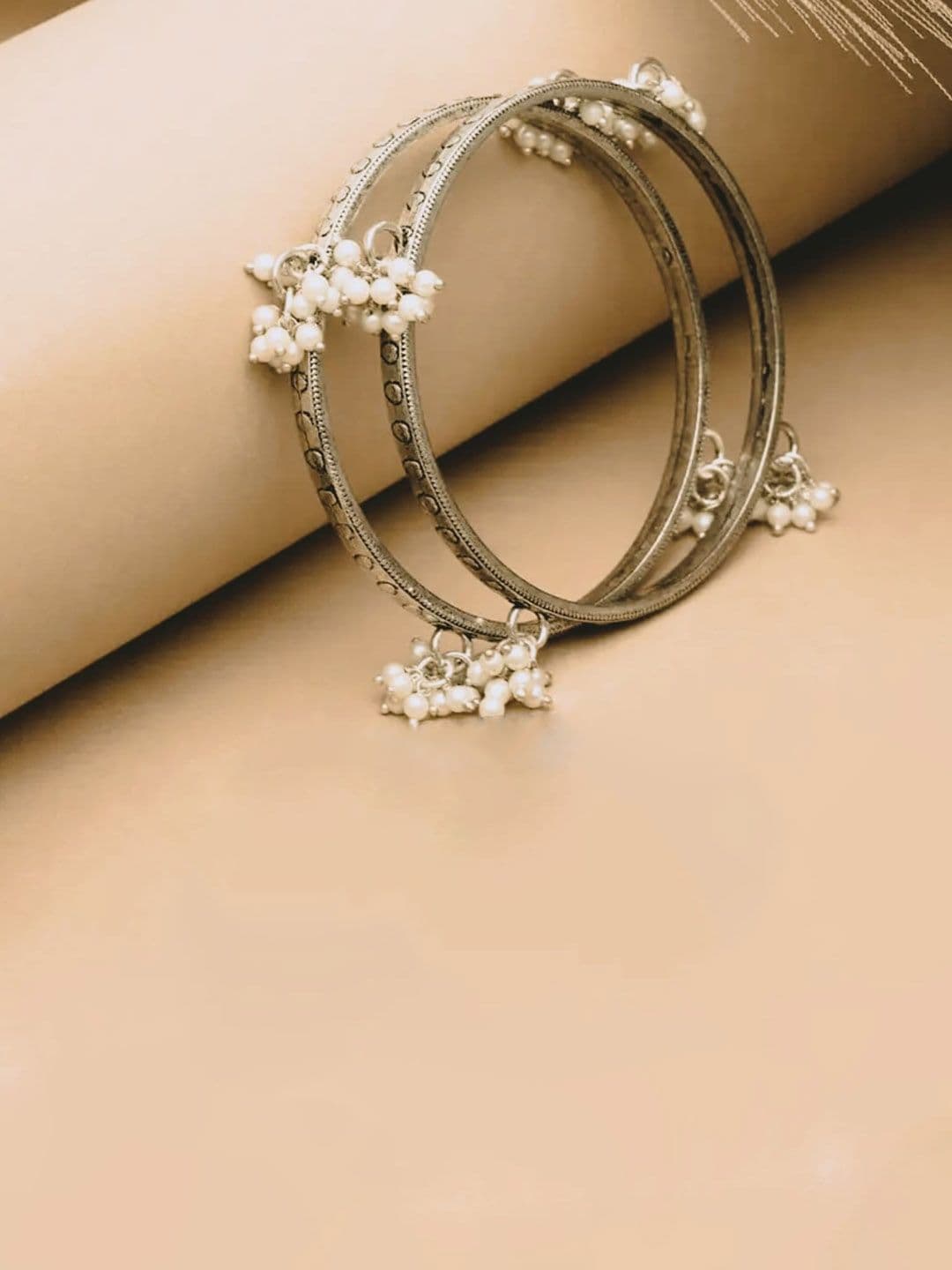 ATIBELLE Set Of 2 Silver-Plated Textured Pearl-Beaded Bangles - Image 1
