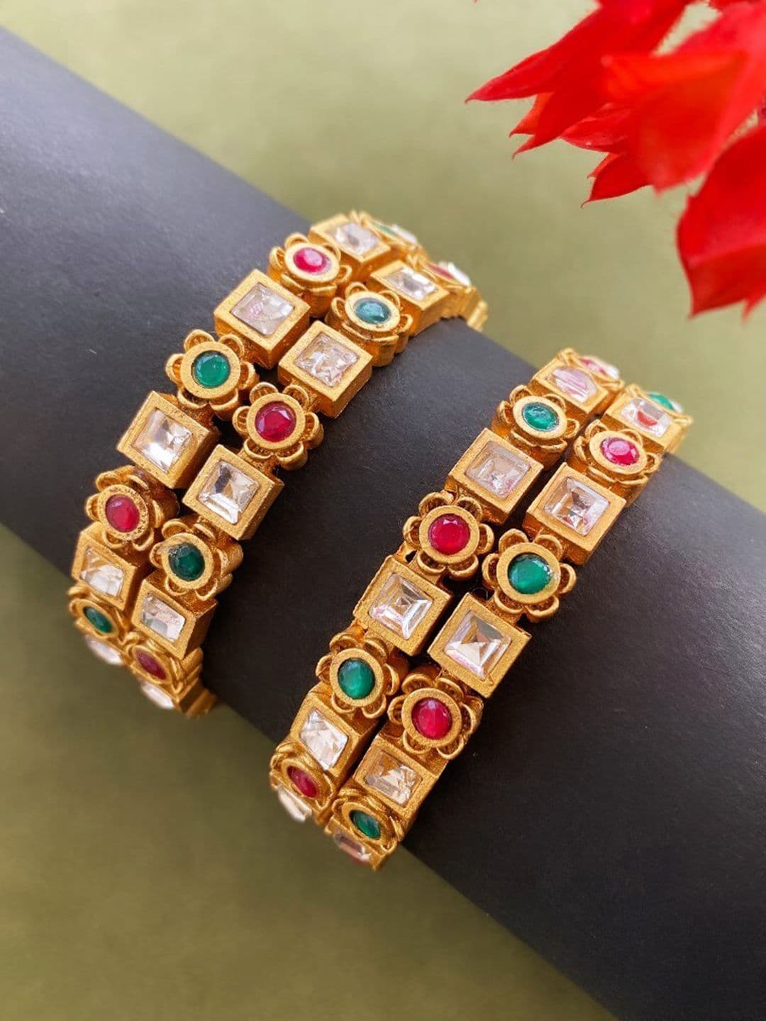 ATIBELLE Set Of 4 Gold-Plated Stone Studded Bangles - Image 1