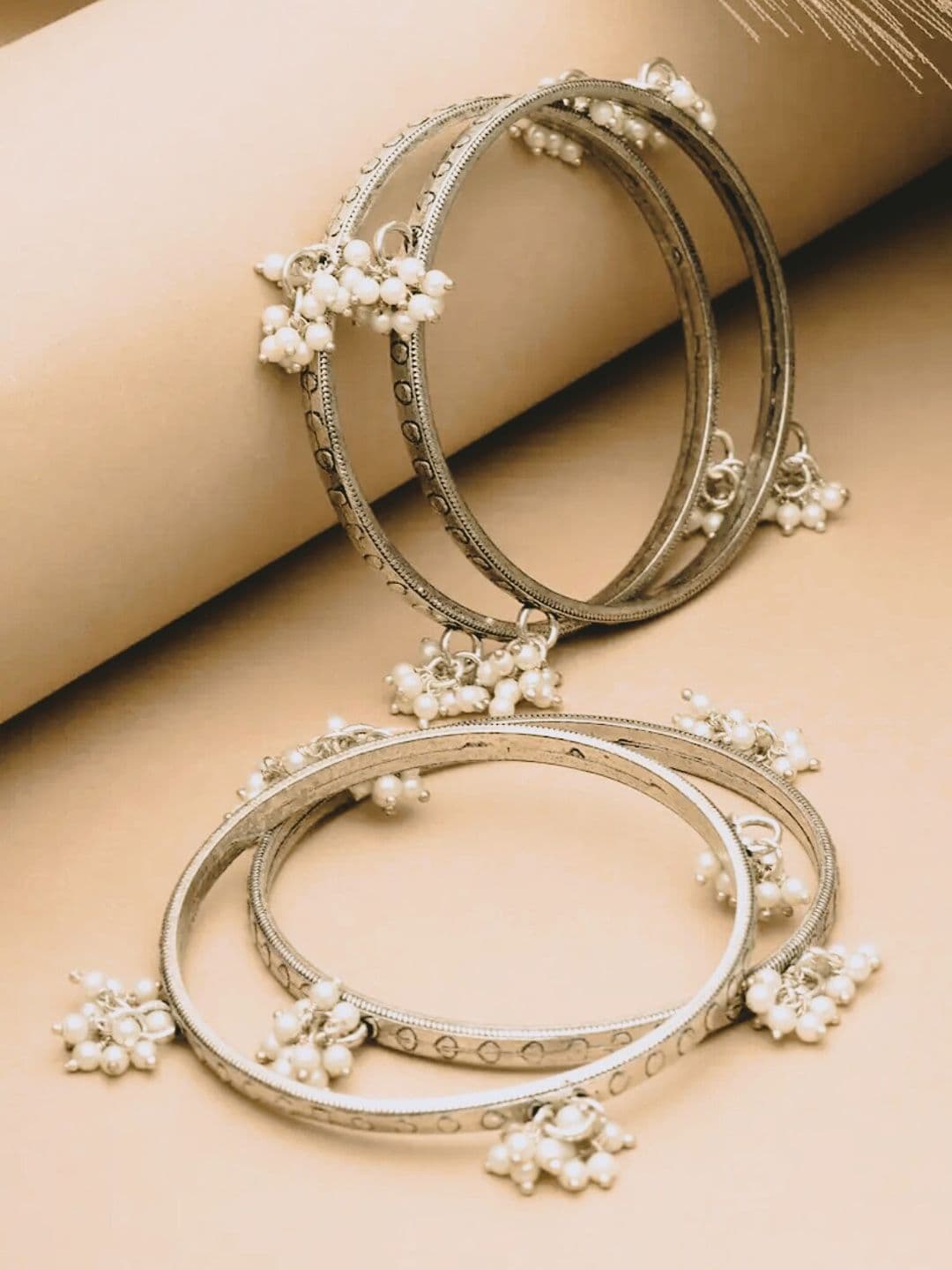 ATIBELLE Set Of 4 Silver-Plated Beaded Bangles - Image 1
