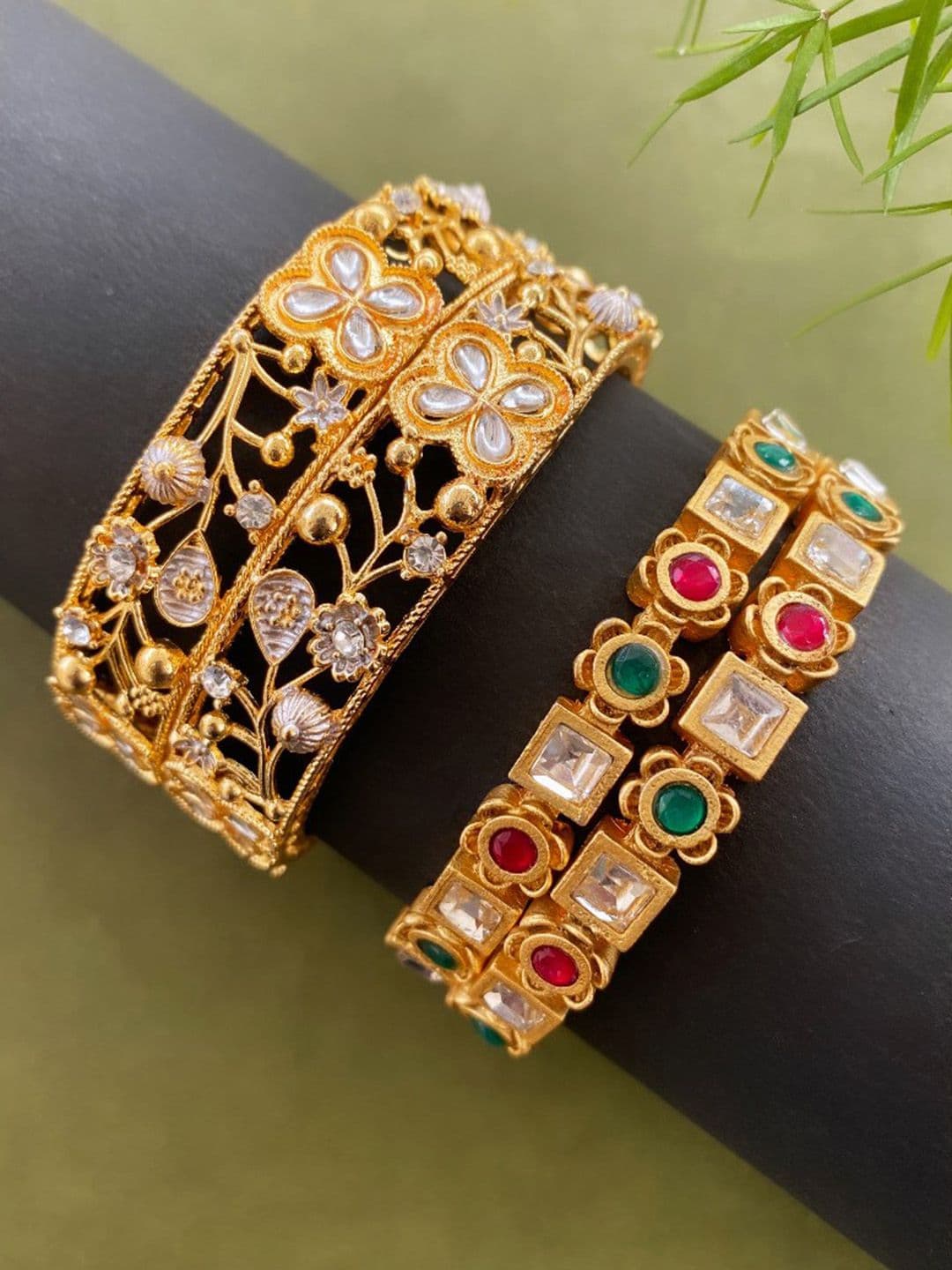 ATIBELLE Set Of 4 Gold-Plated Kundan-Studded Bangles - Image 1