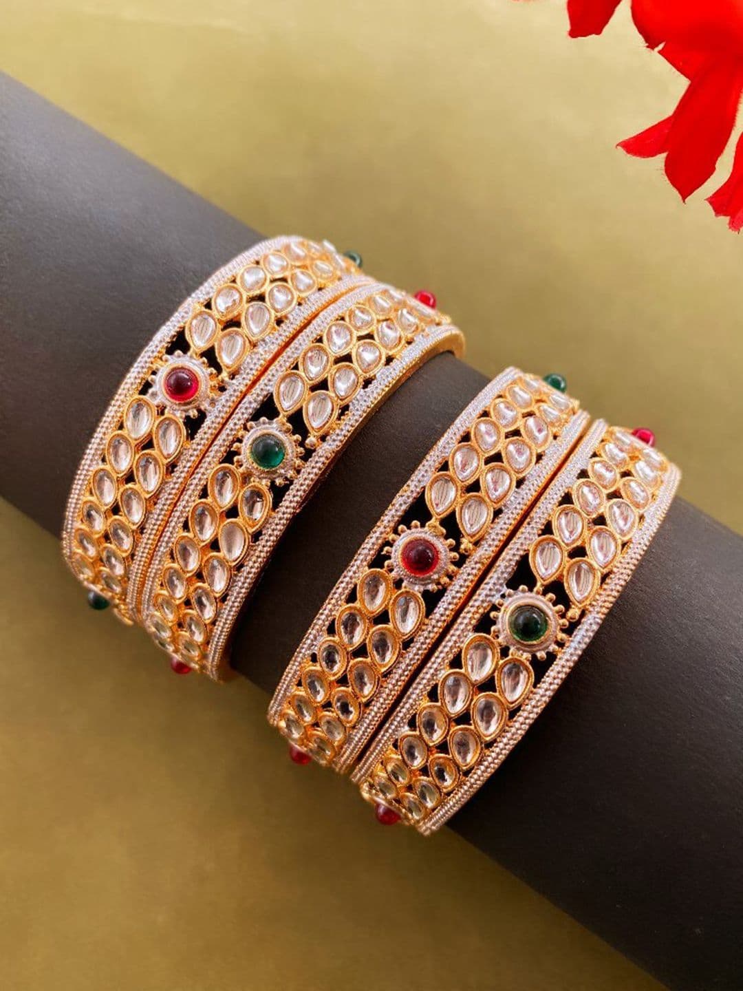 ATIBELLE Set Of 4 Gold-Plated Kundan stone Studded Bangles - Image 1
