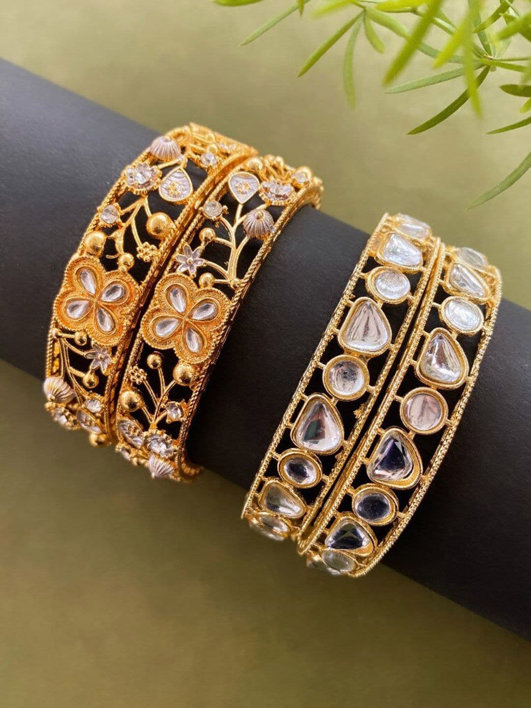 ATIBELLE Set Of 4 Gold-Plated Kundan Studded Bangles - Image 1