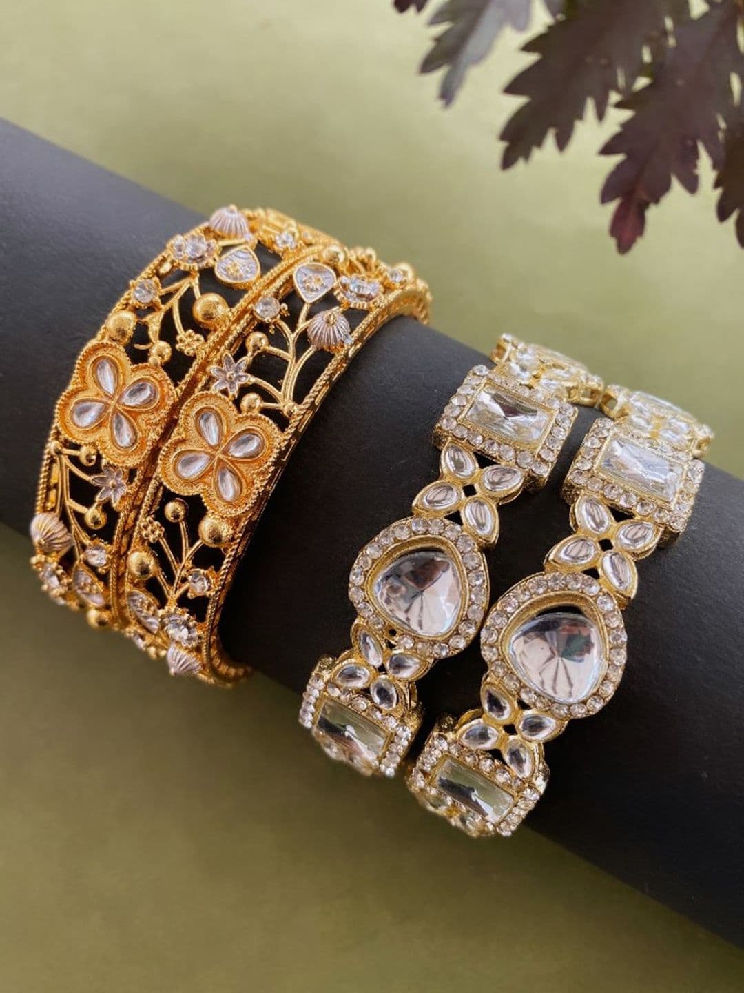 ATIBELLE Set of 4 Gold Plated Kundan Stone Studded Bangles - Image 1