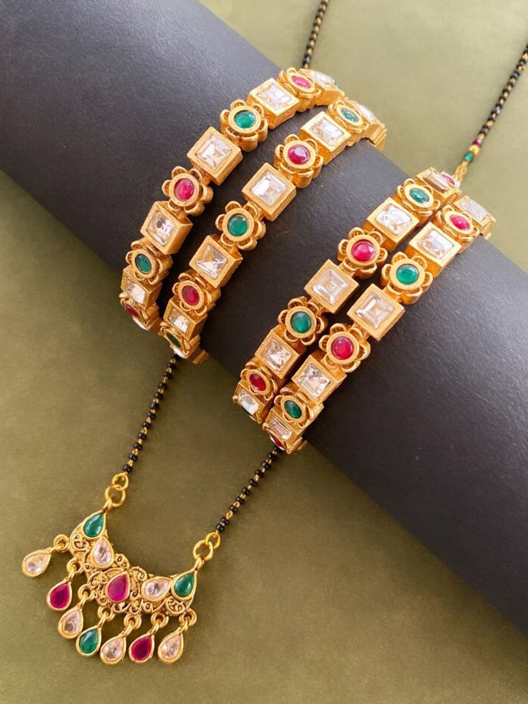 ATIBELLE Set Of 5 Gold Plated & Stone Studded Floral Shaped Mangalsutra & Bangles - Image 1