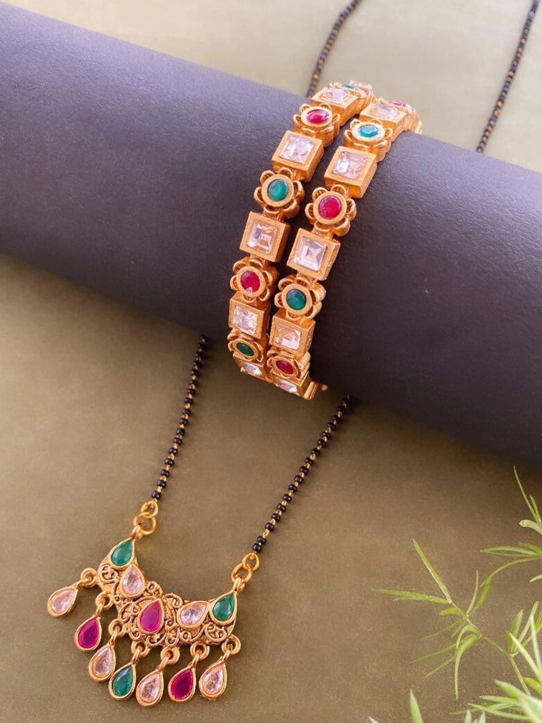 ATIBELLE Gold-Plated Studded Mangalsutra With Set Of 2 Bangles - Image 1