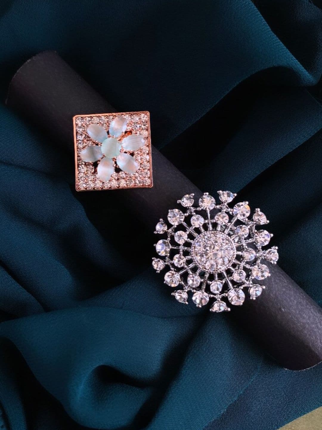ATIBELLE Set Of 2 Silver Plated & Rose Gold Plated Stone Studded Finger Rings - Image 1