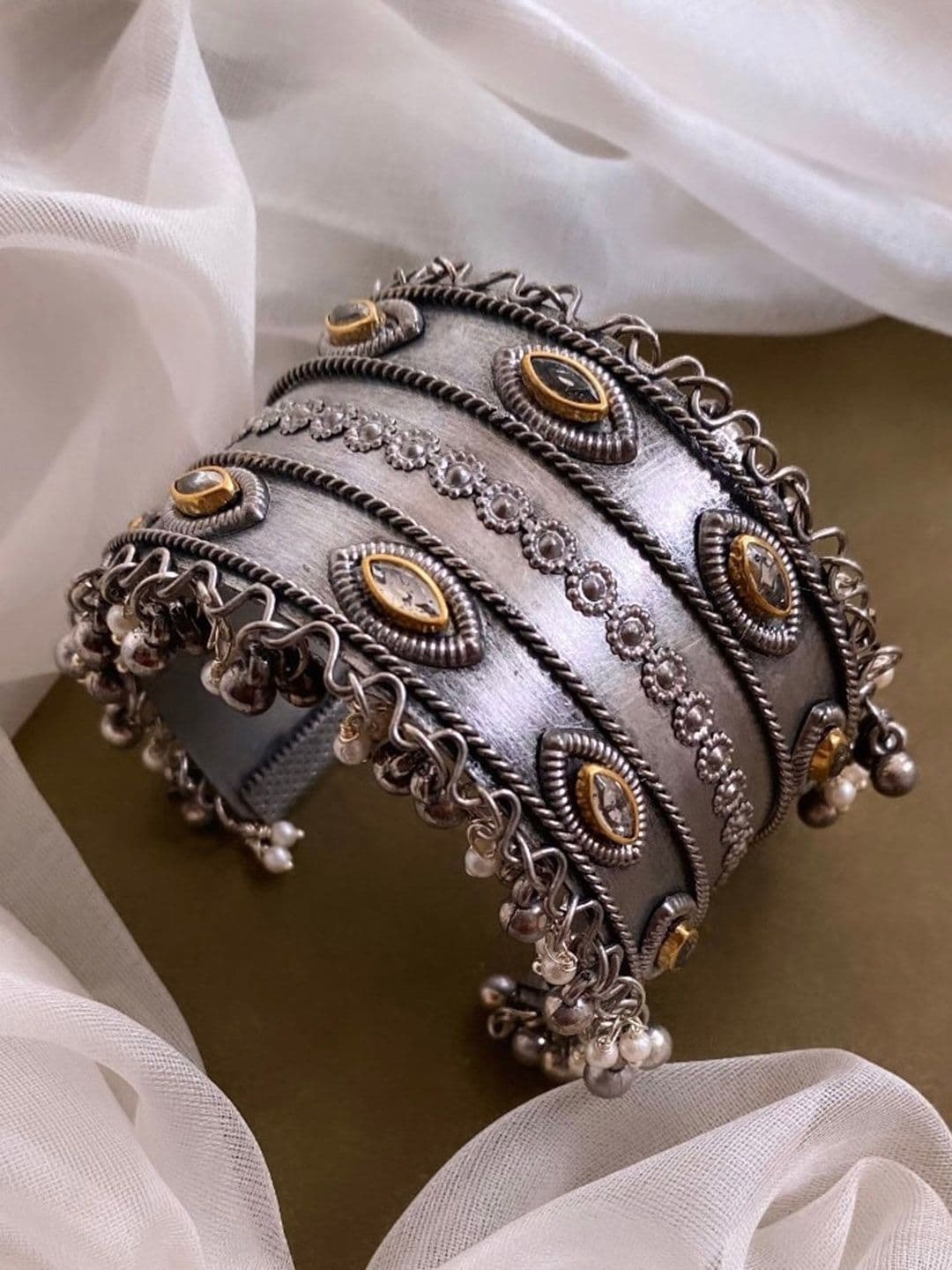 ATIBELLE Silver Plated Kundan German Silver Bangle - Image 1