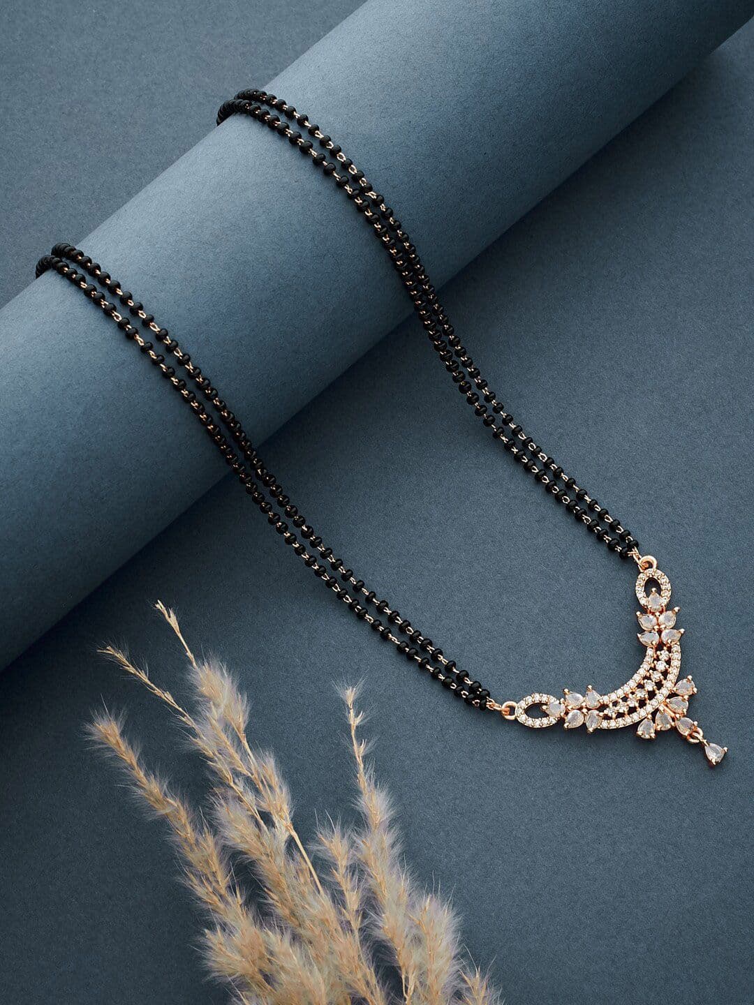 ATIBELLE Rose Gold-Plated Cubic Zirconia Stones Studded and Beads Mangalsutra - Image 1
