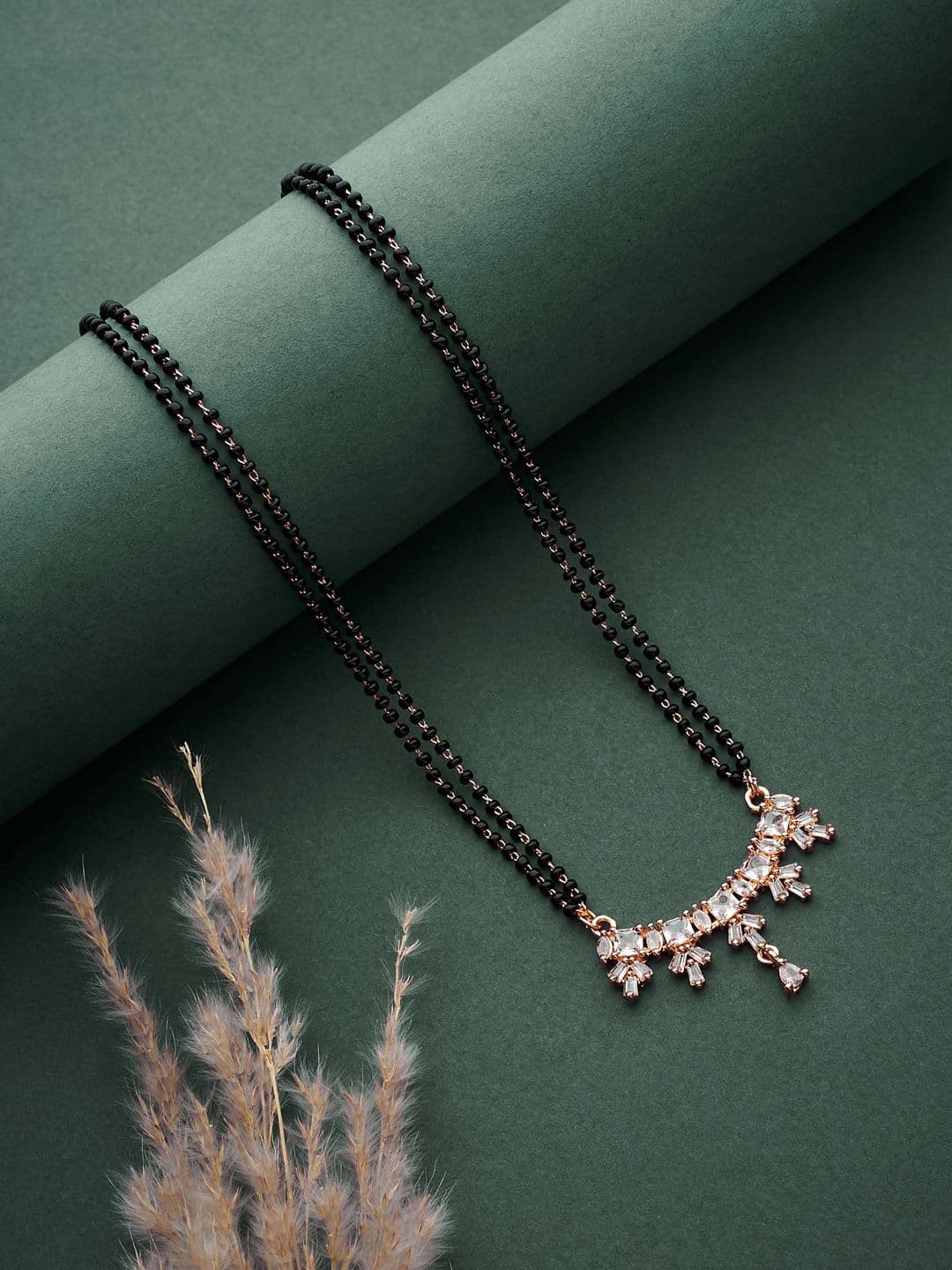 ATIBELLE Rose Gold-Plated Cubic Zirconia Stones Studded and Beads Mangalsutra - Image 1