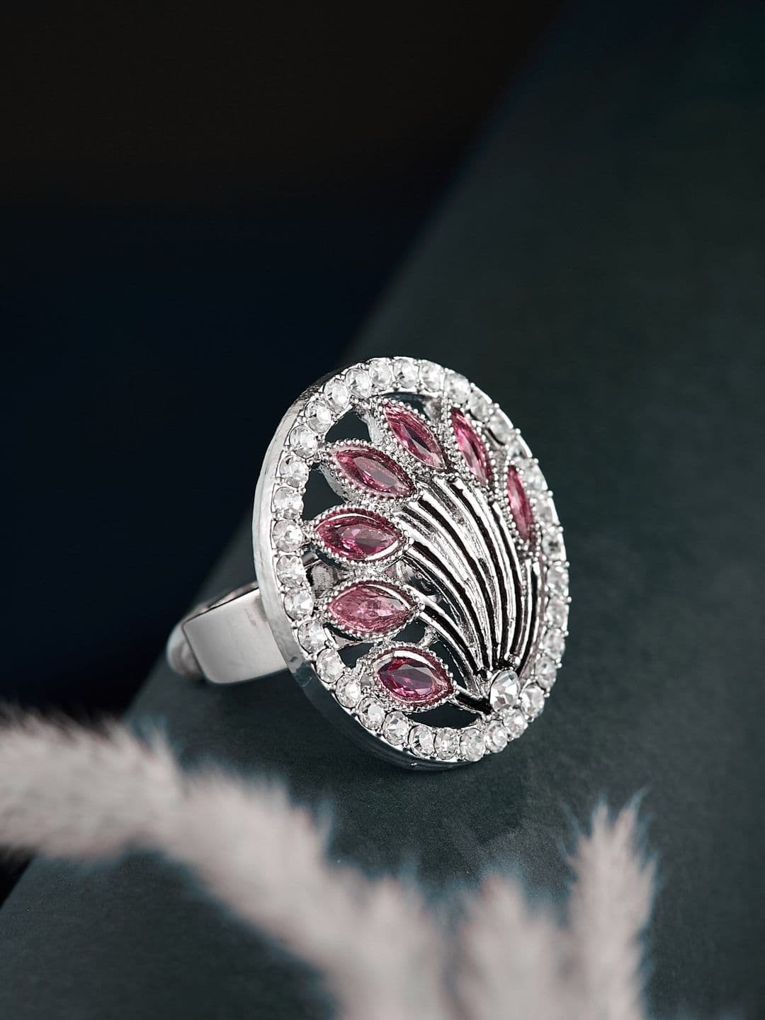 ATIBELLE Silver-Plated Stone Studded Finger Ring - Image 1