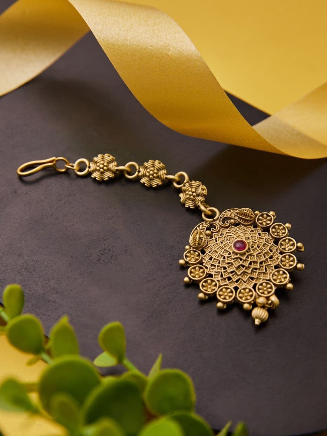 ATIBELLE Gold-Plated Artificial Stones and Beads Studded Maang Tikka Head Jewellery - Image 1